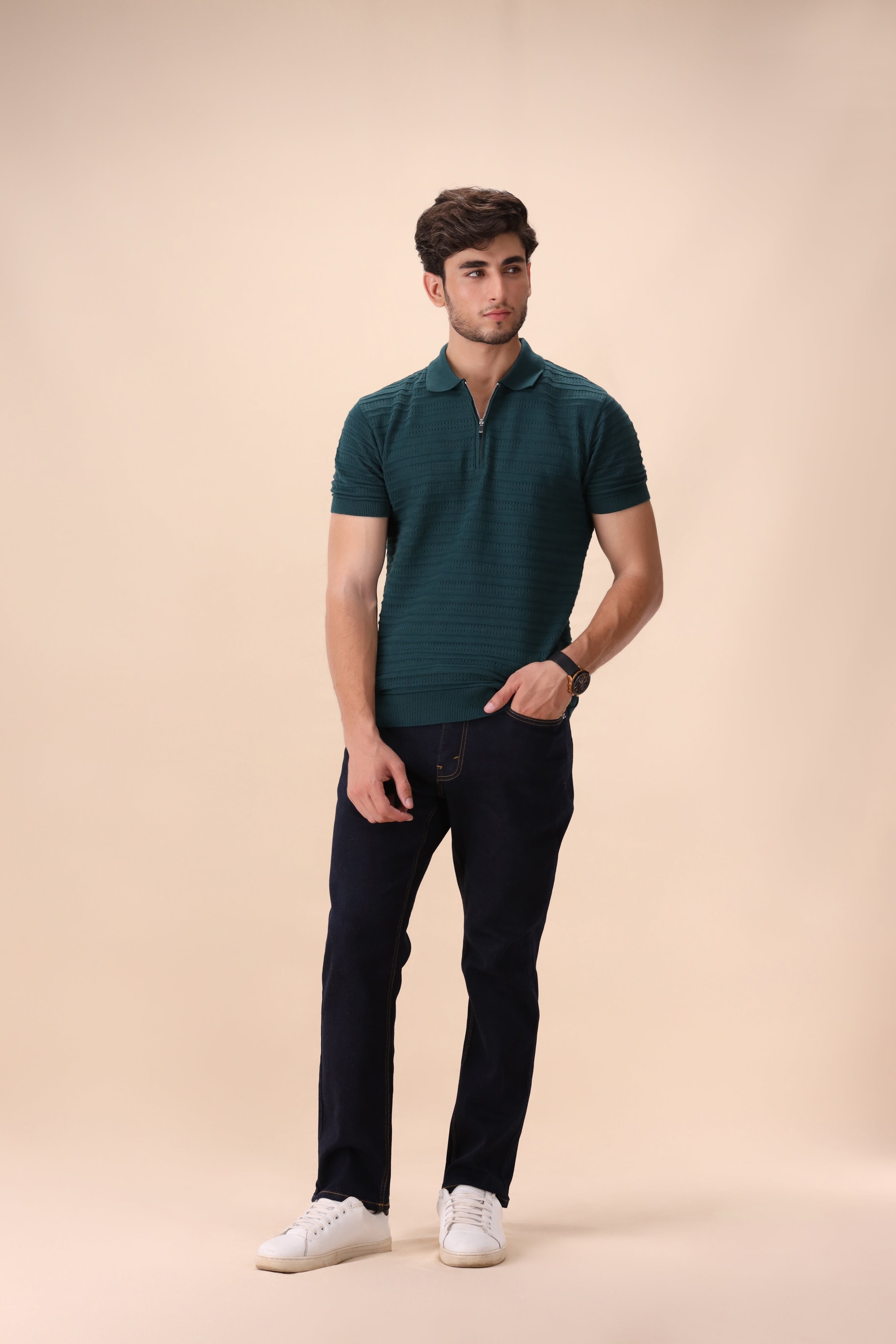Pine Green Textured Zipper  Polo
