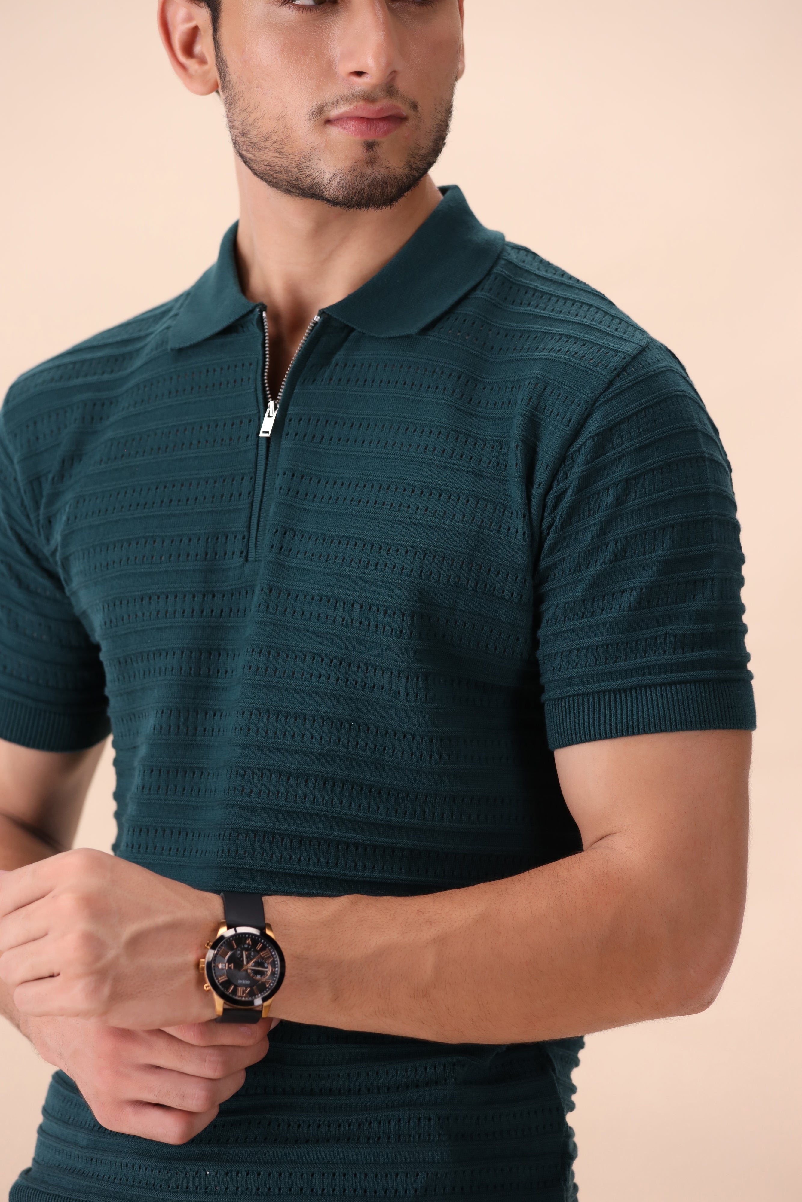 Pine Green Textured Zipper  Polo