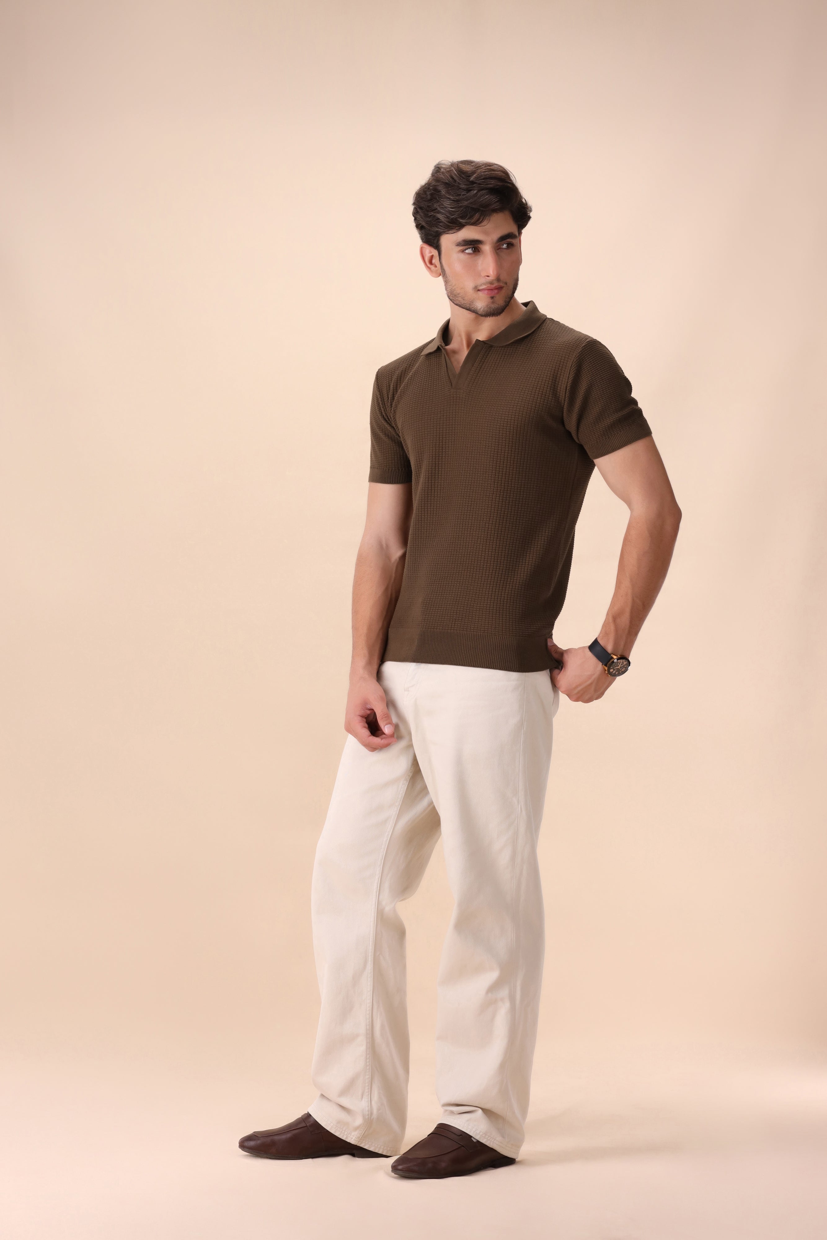 Walnut Brown Textured Knit Polo