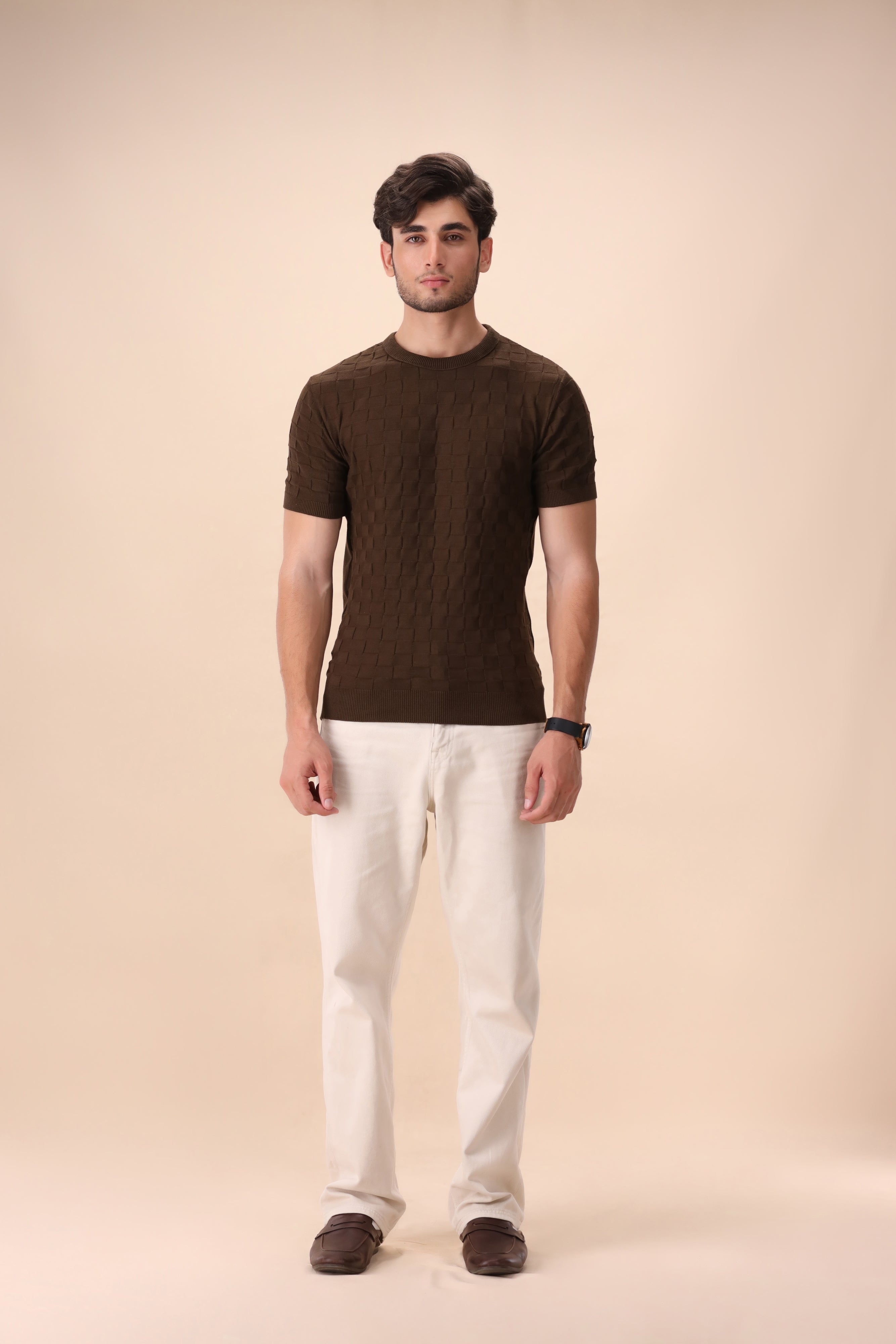Brown Geometric Knit T-Shirt
