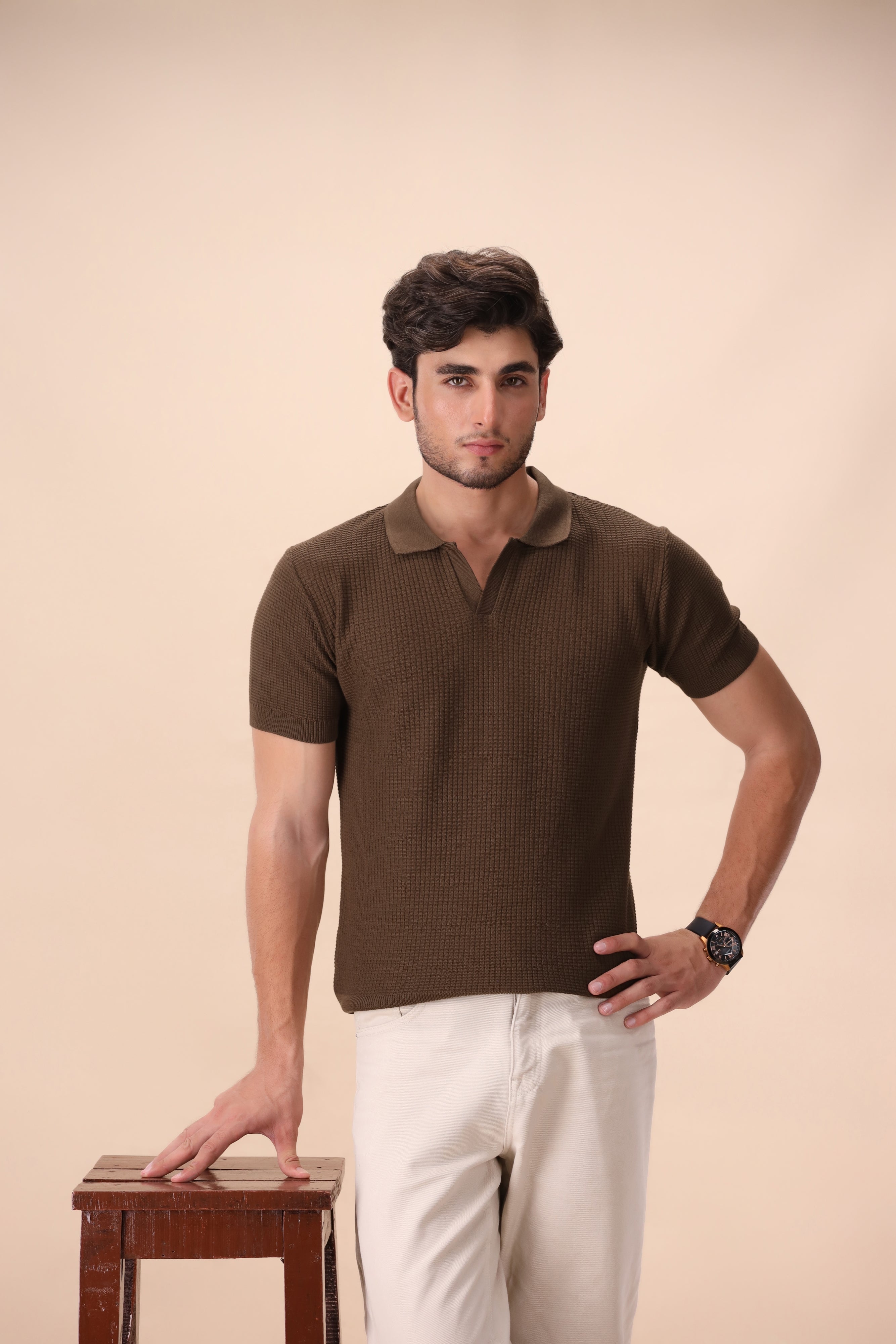 Walnut Brown Textured Knit Polo