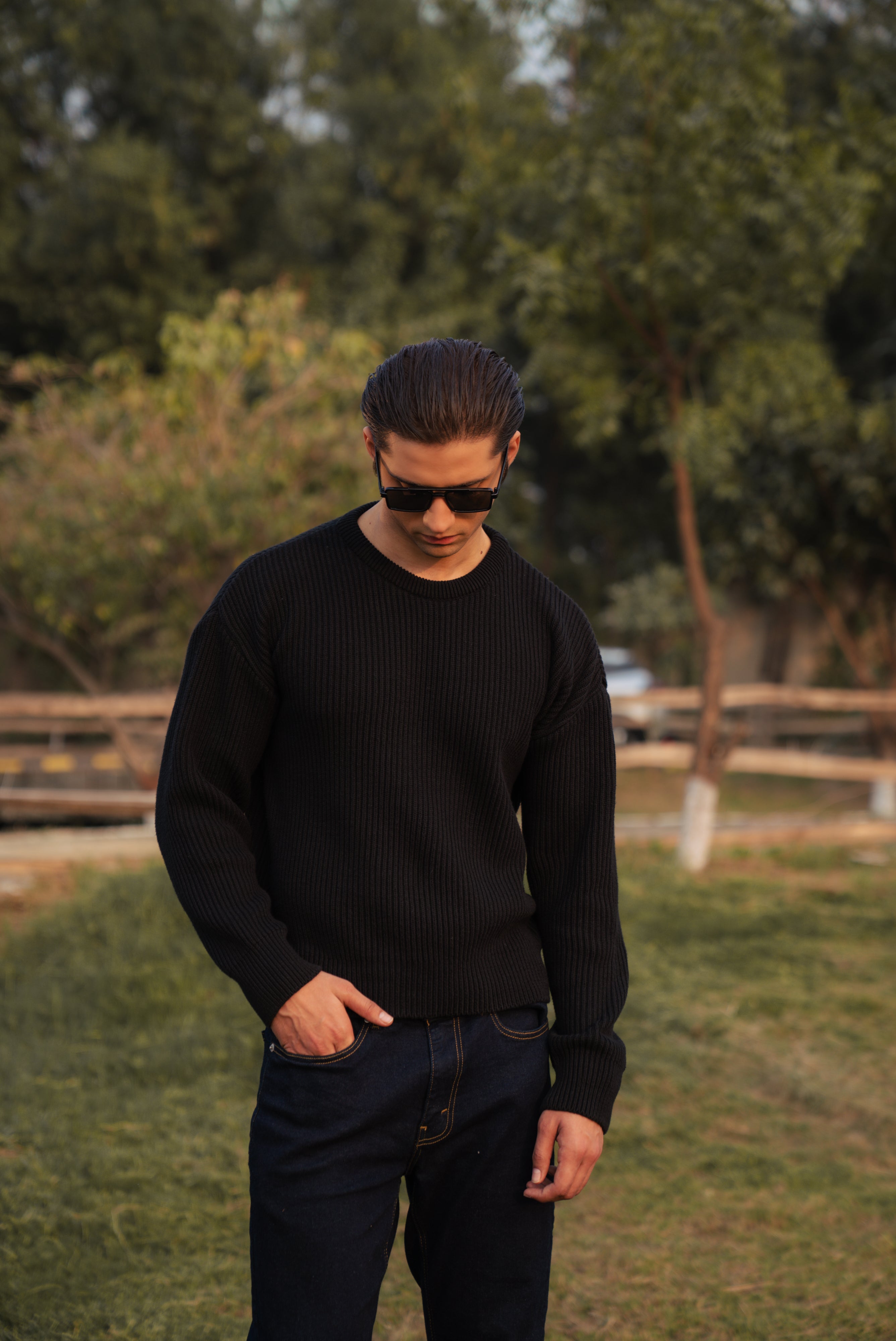 Black Cropped Textured Knit Sweater