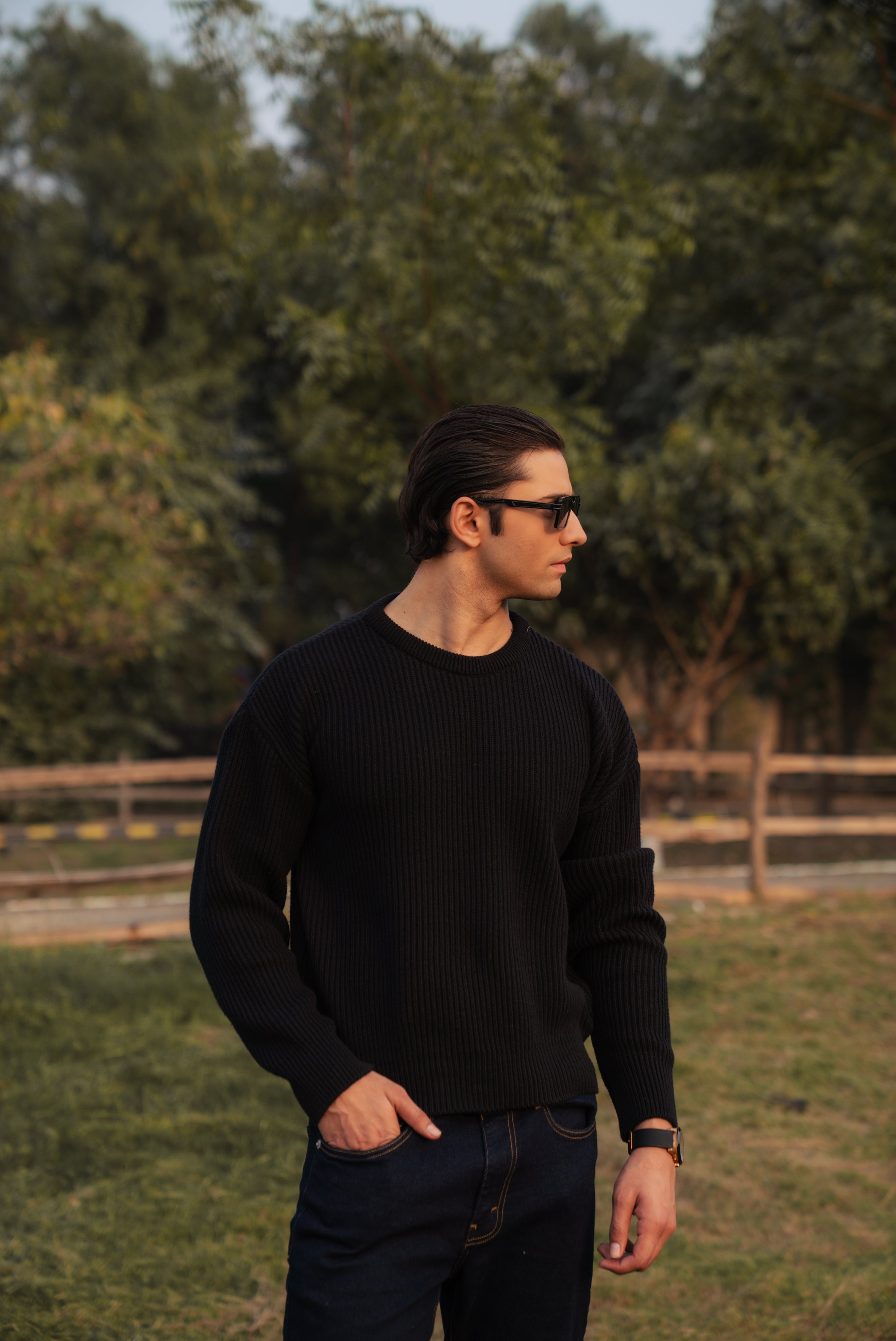 Black Cropped Textured Knit Sweater