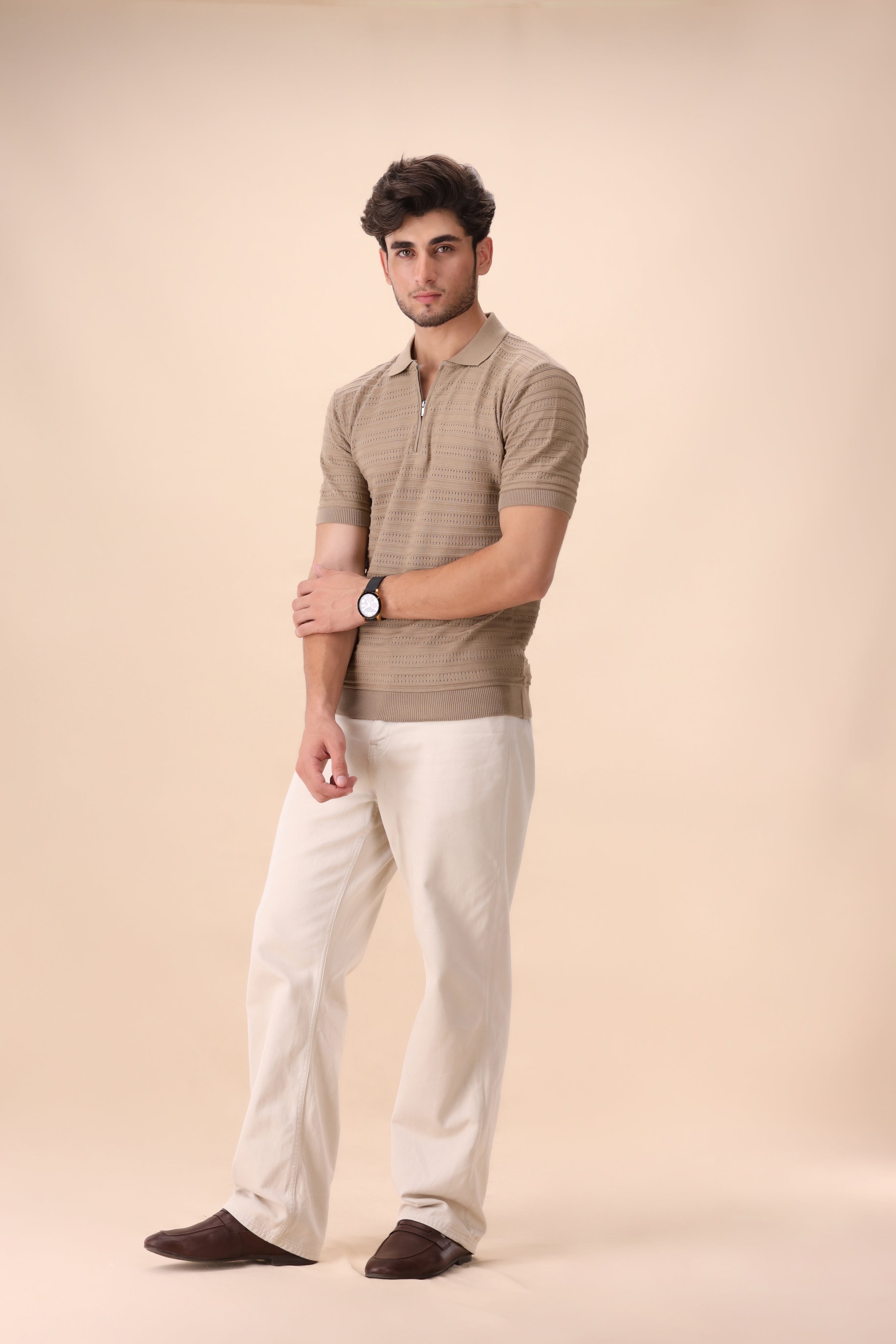 Beige Textured Zipper Polo