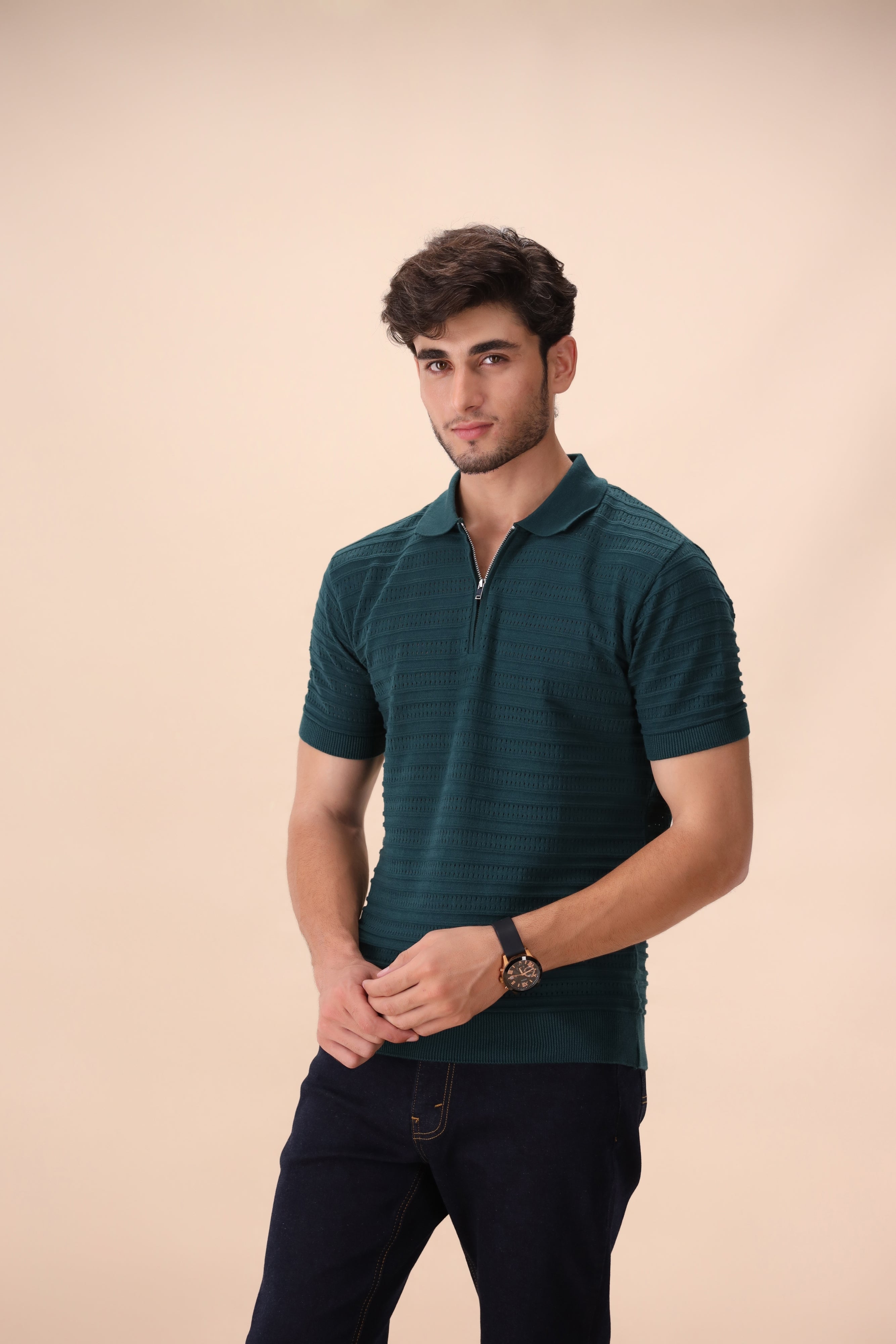Pine Green Textured Zipper  Polo