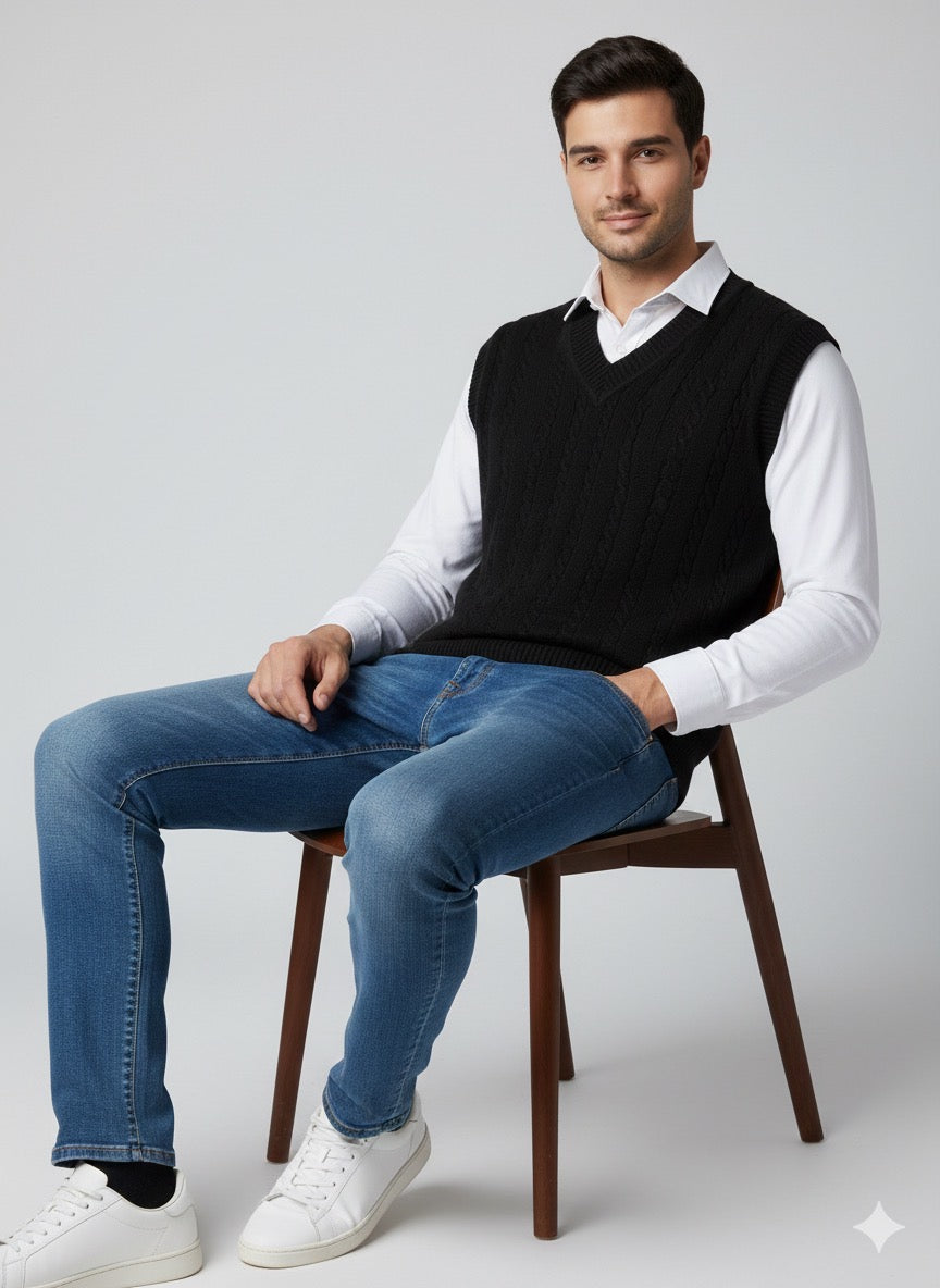 Black Cable Knit Sleeveless Sweater