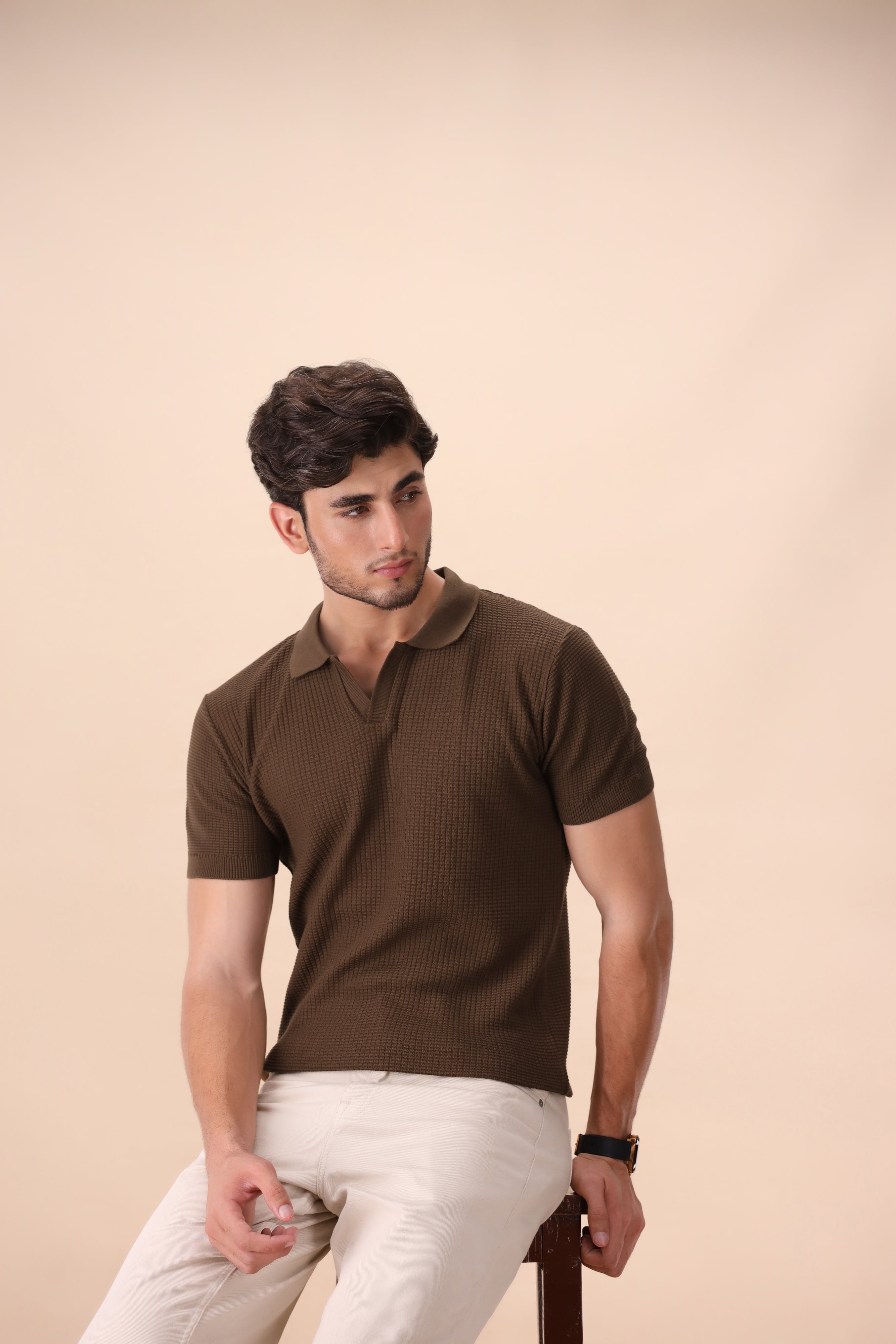 Walnut Brown Textured Knit Polo