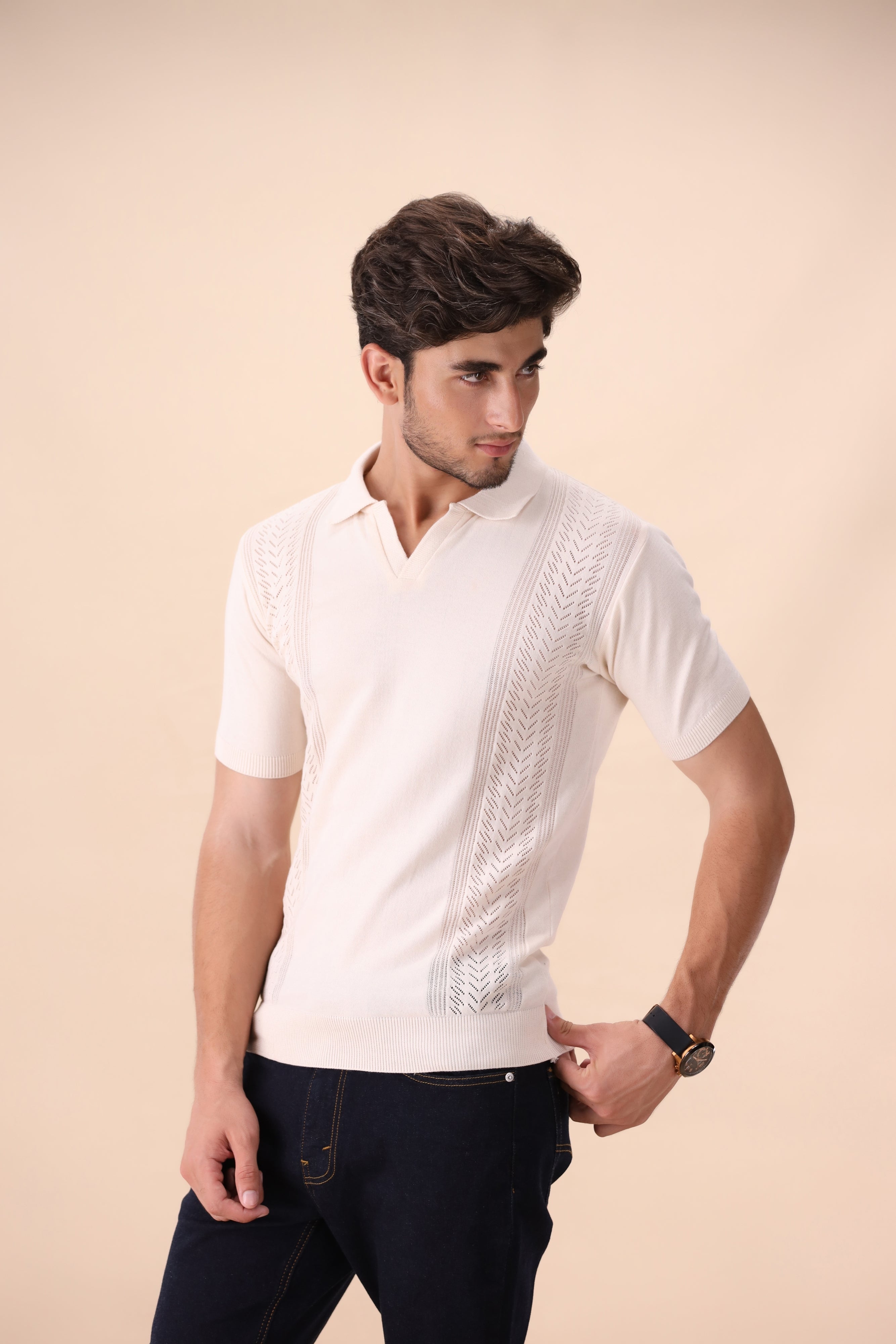 Woodbridge White Crochet Knit Polo