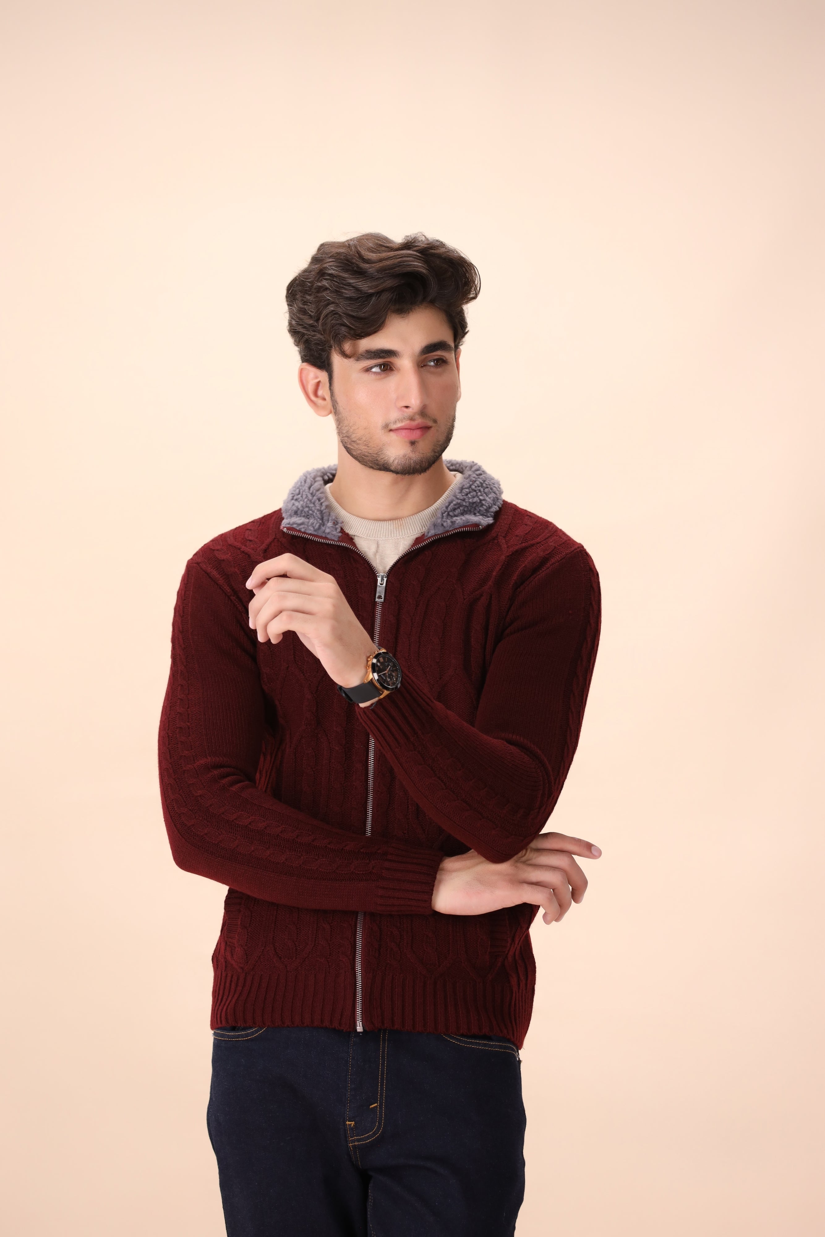 Burgundy Cable Knit Zipper