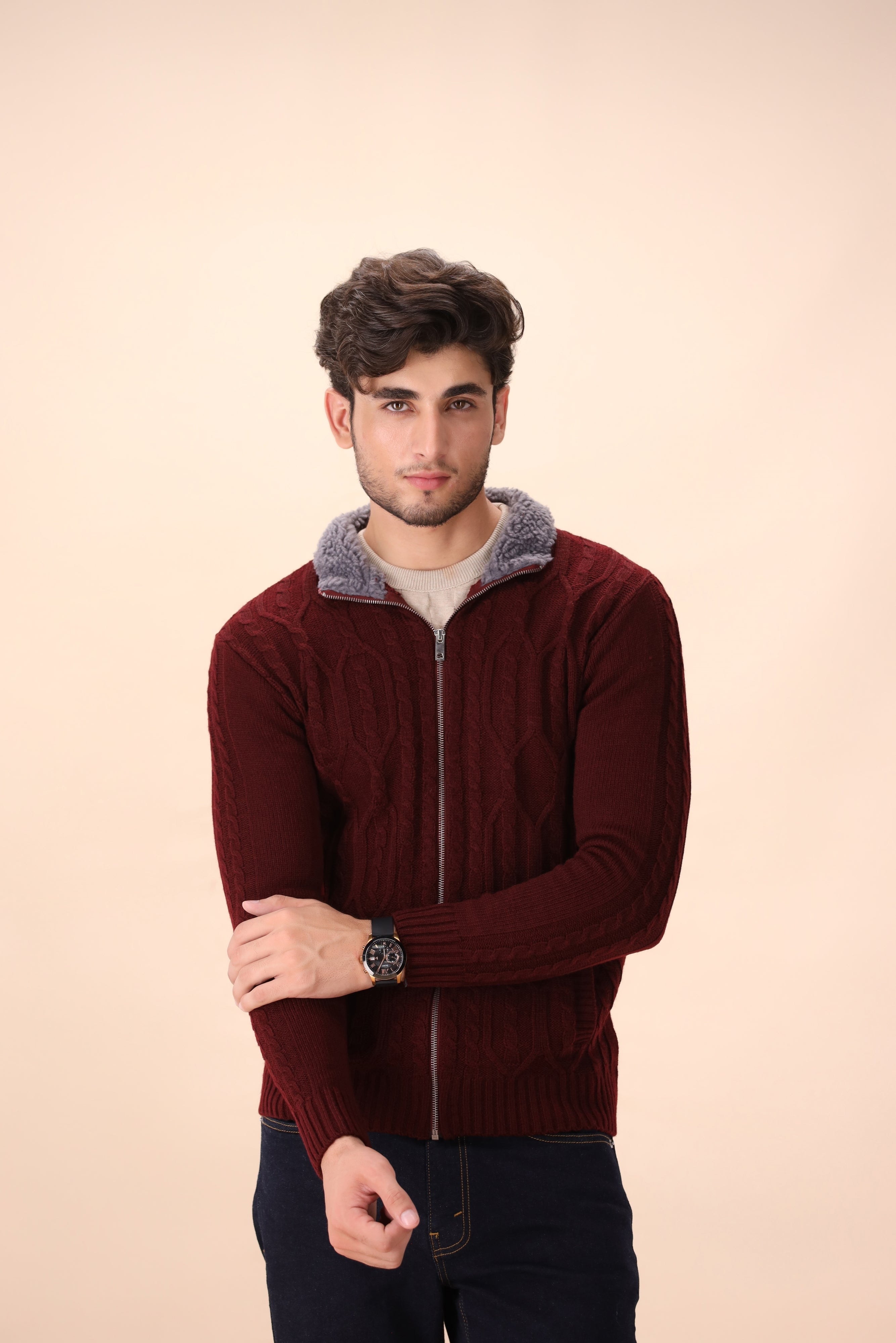 Burgundy Cable Knit Zipper