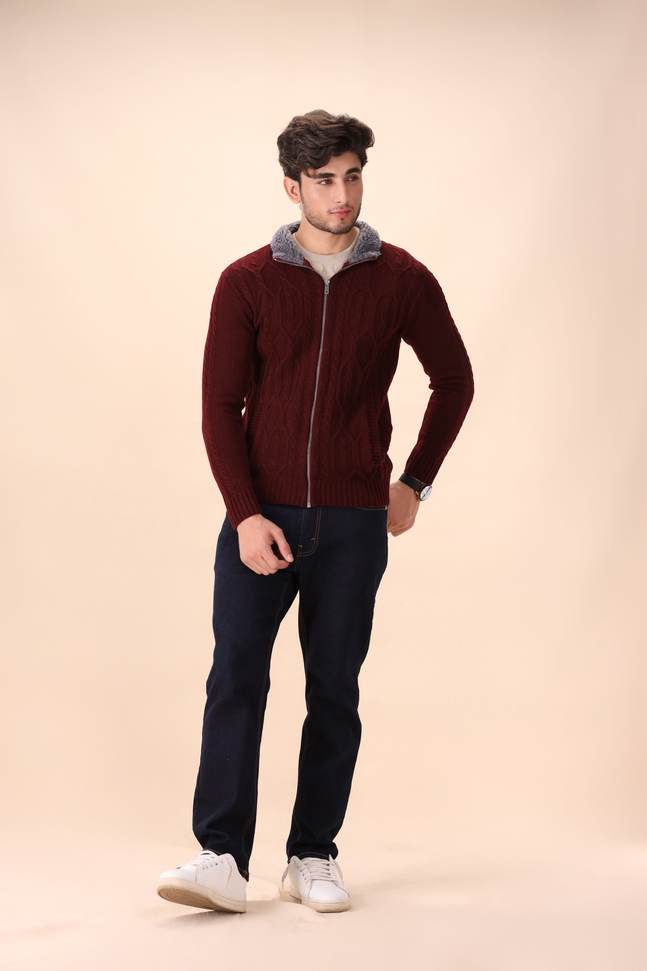 Burgundy Cable Knit Zipper