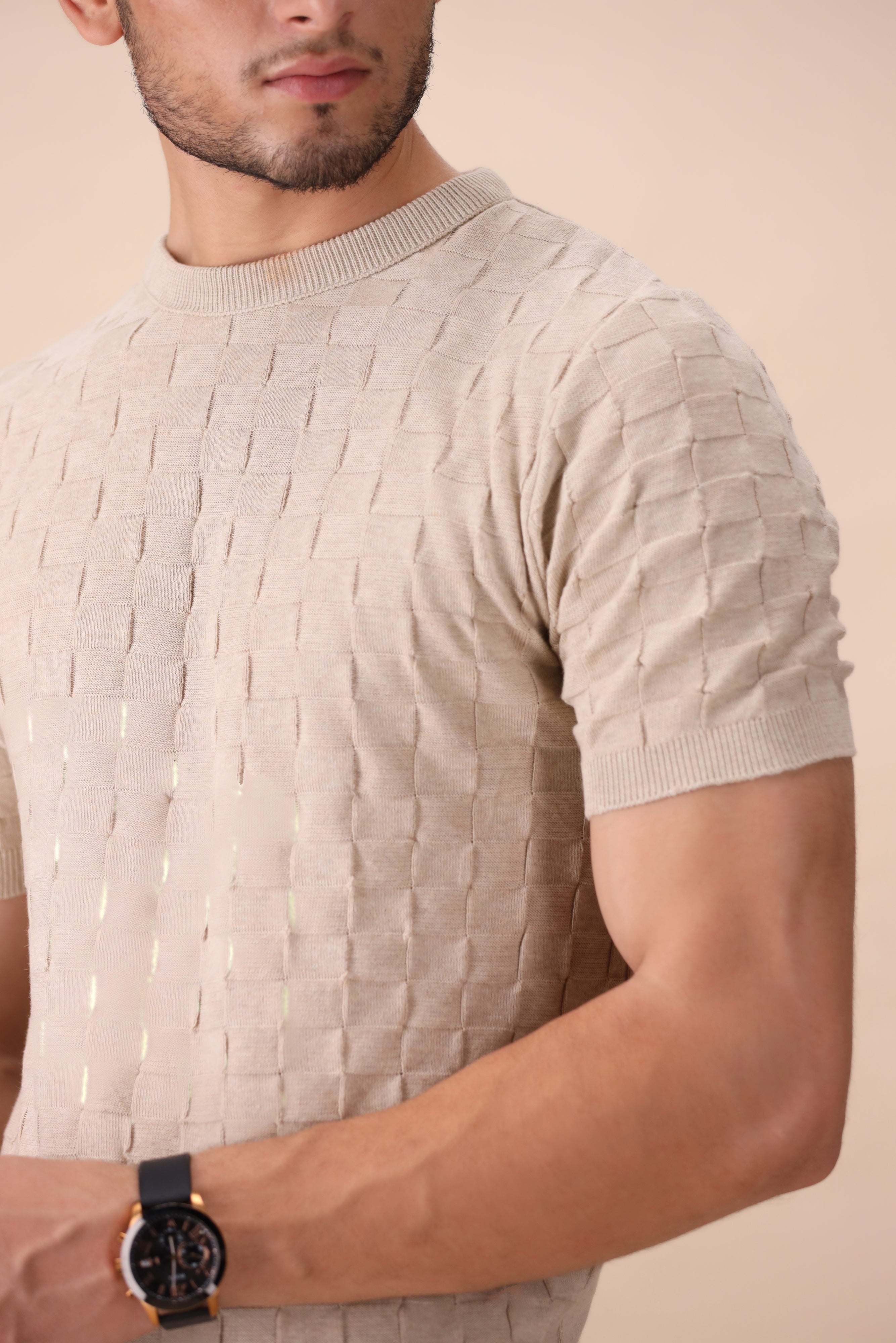 Ecru Geometric Knit T-Shirt