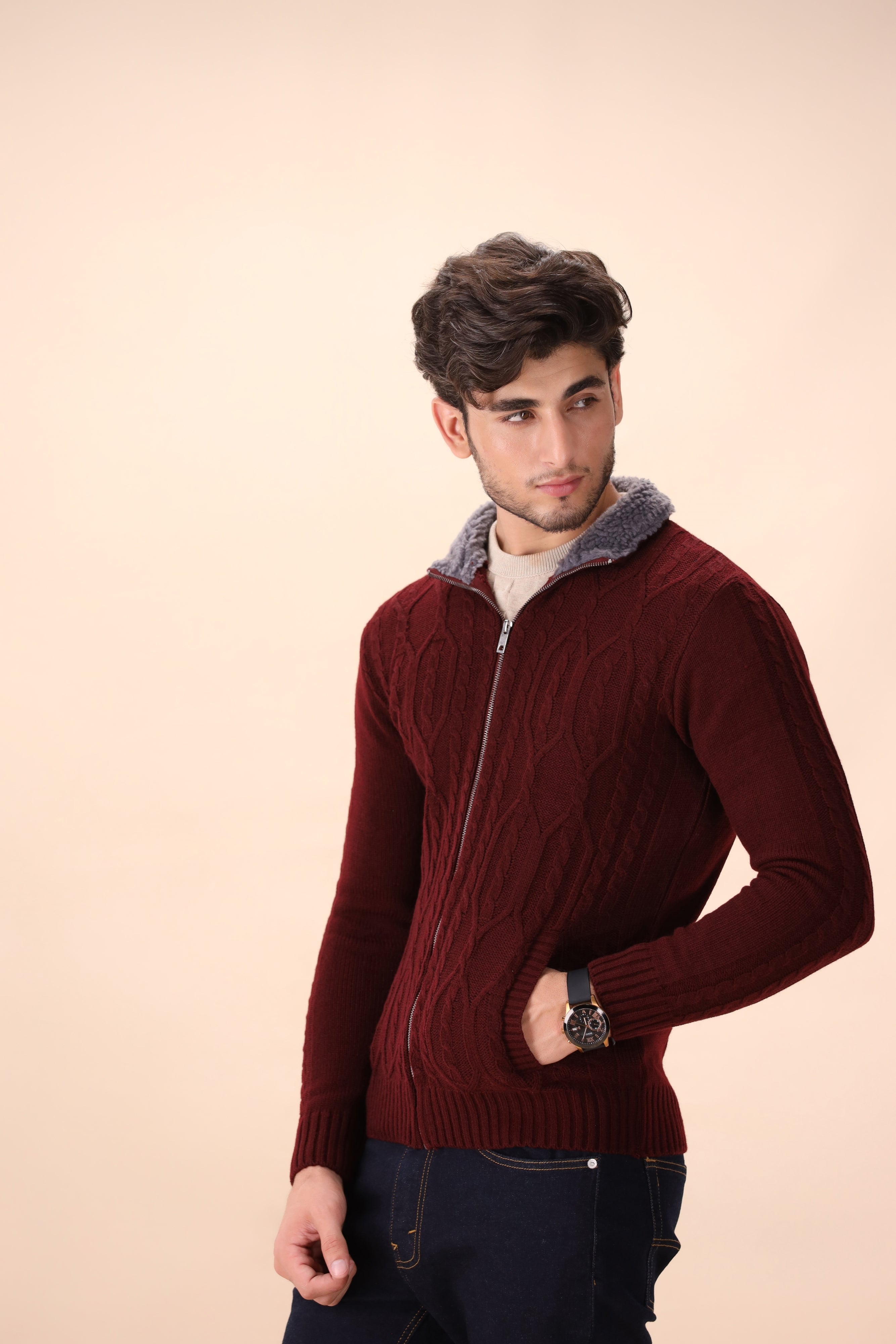 Burgundy Cable Knit Zipper