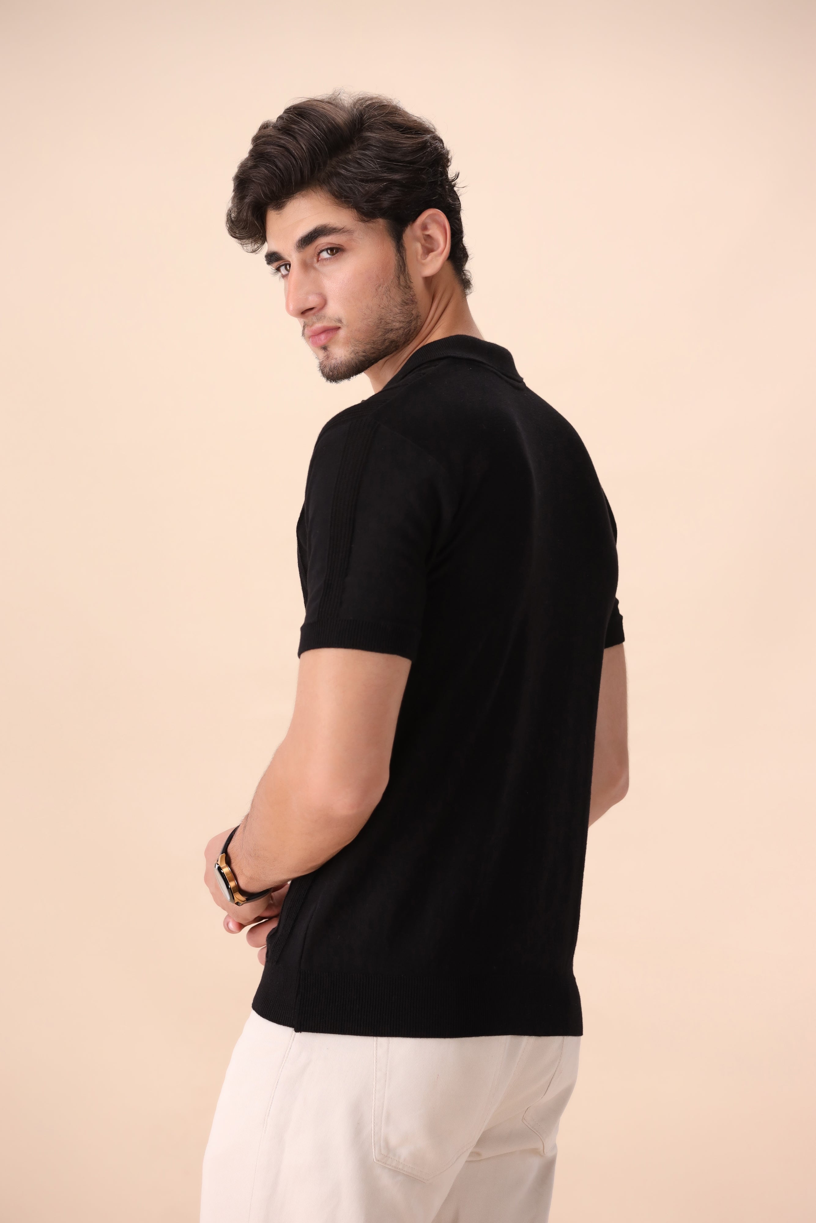Black Structured Knit Polo