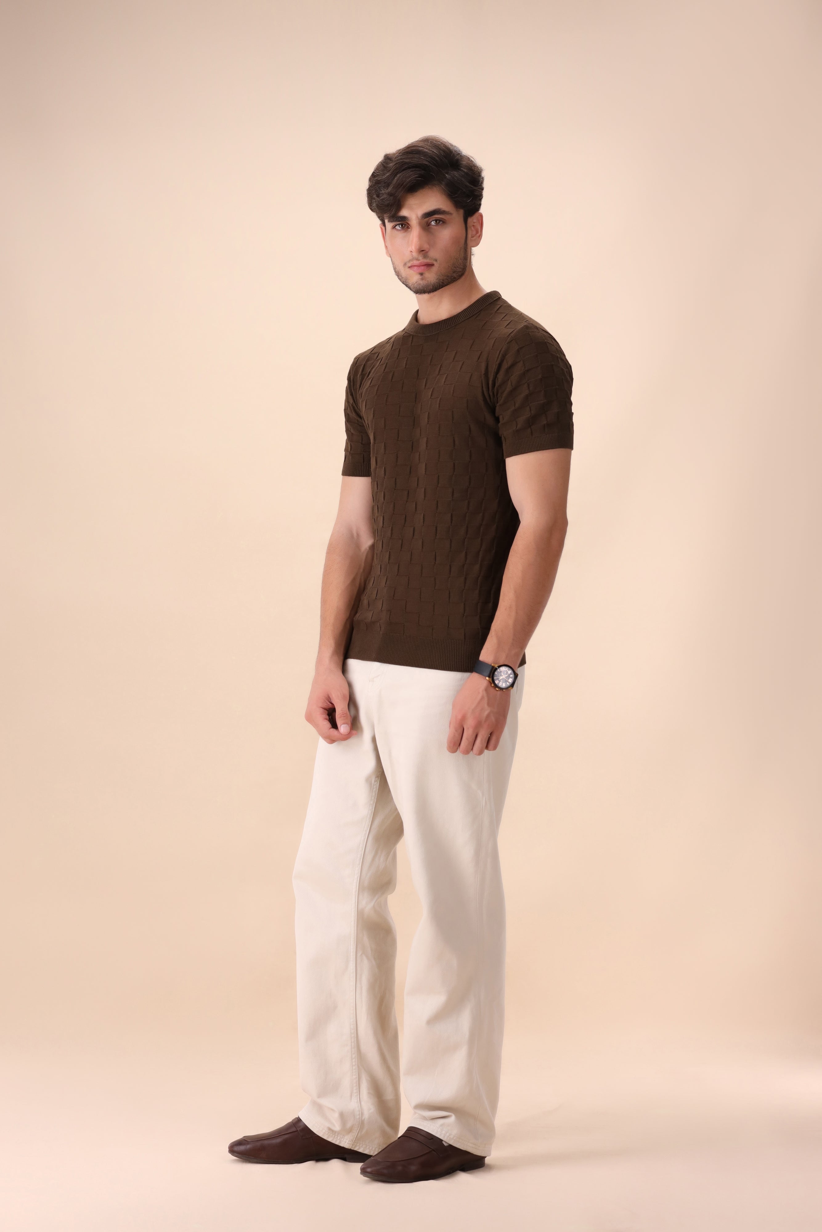 Brown Geometric Knit T-Shirt