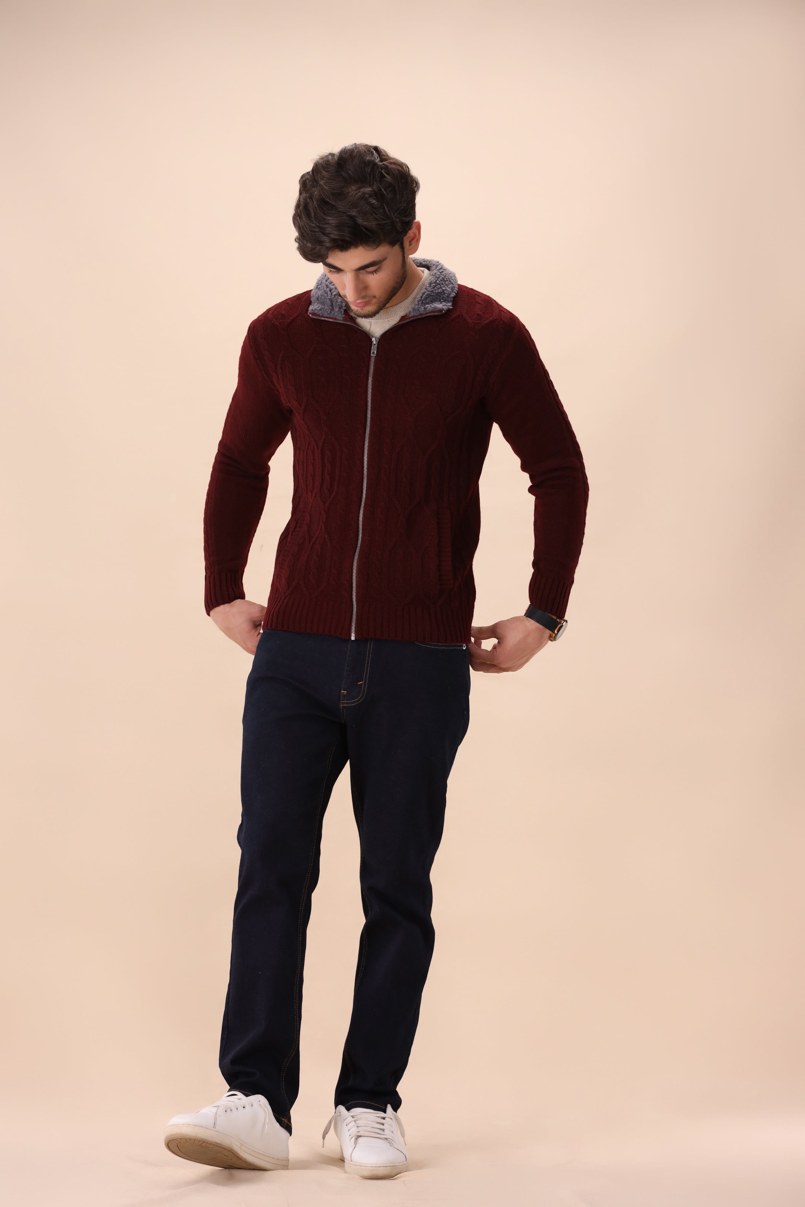Burgundy Cable Knit Zipper