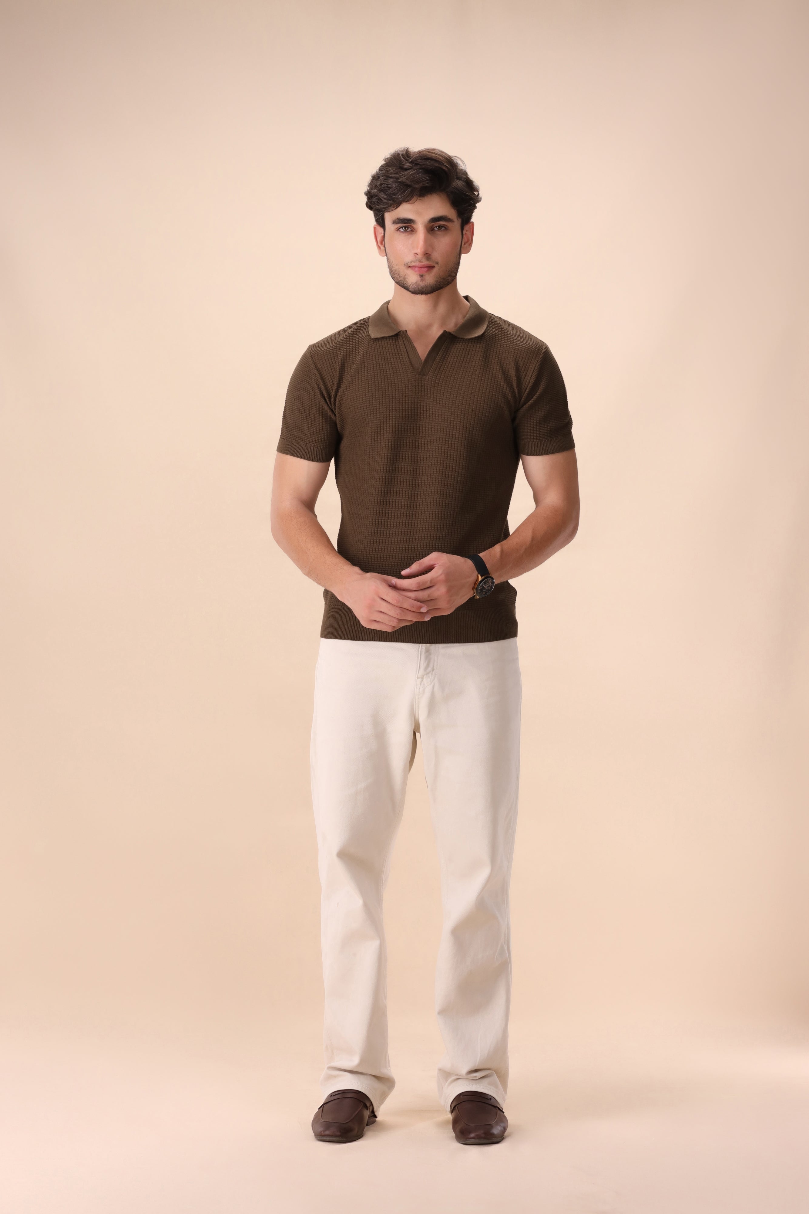 Walnut Brown Textured Knit Polo