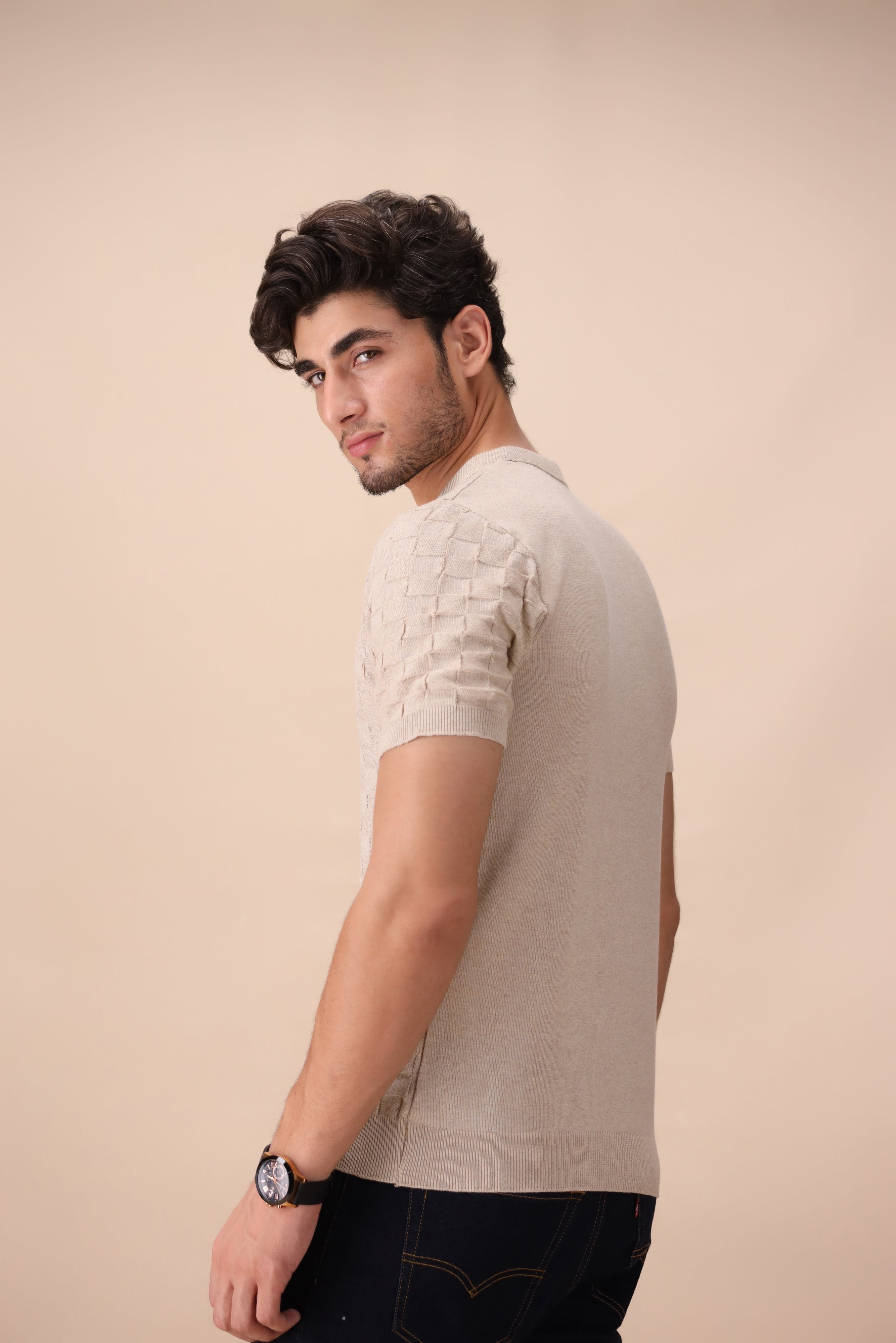 Ecru Geometric Knit T-Shirt