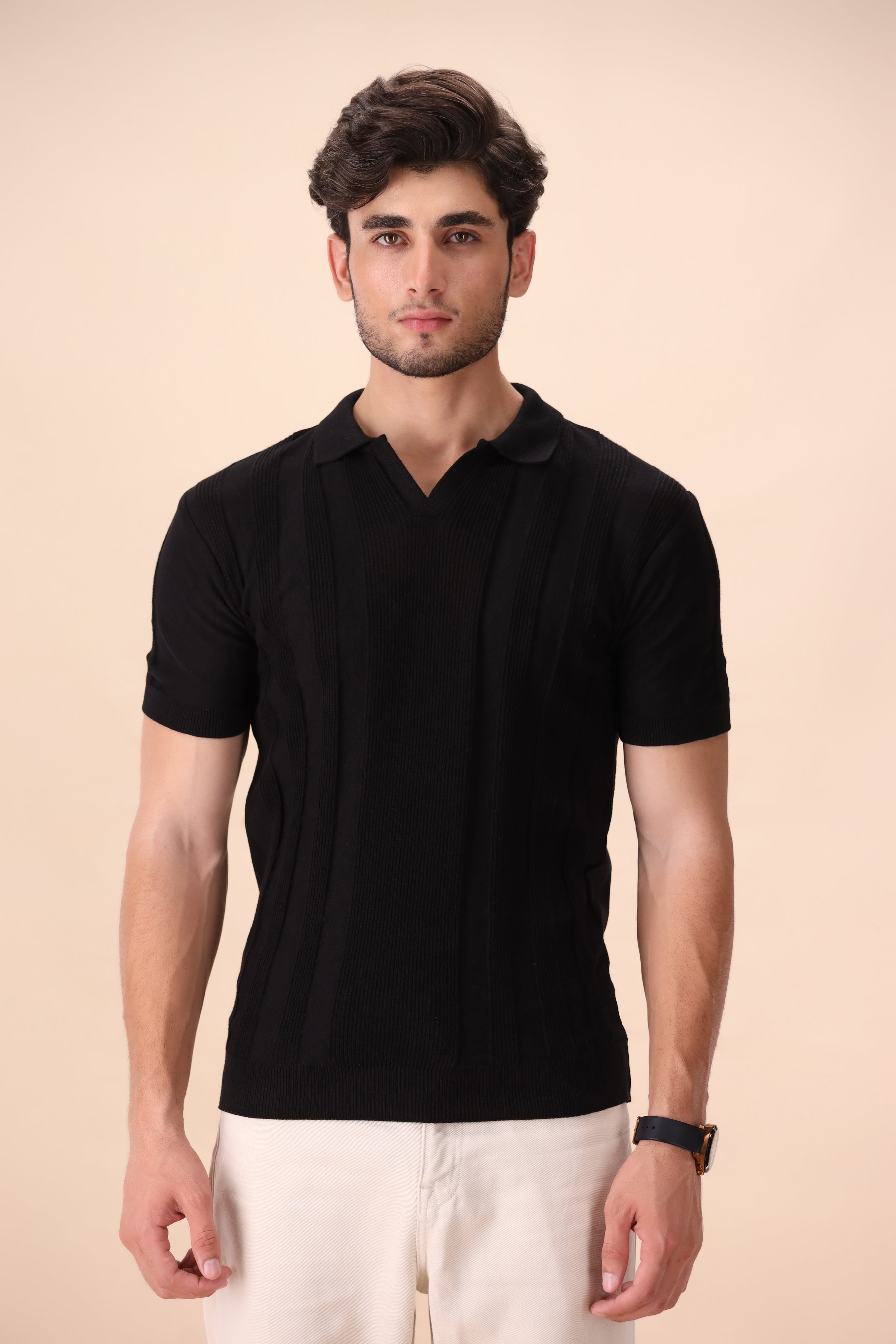 Black Structured Knit Polo