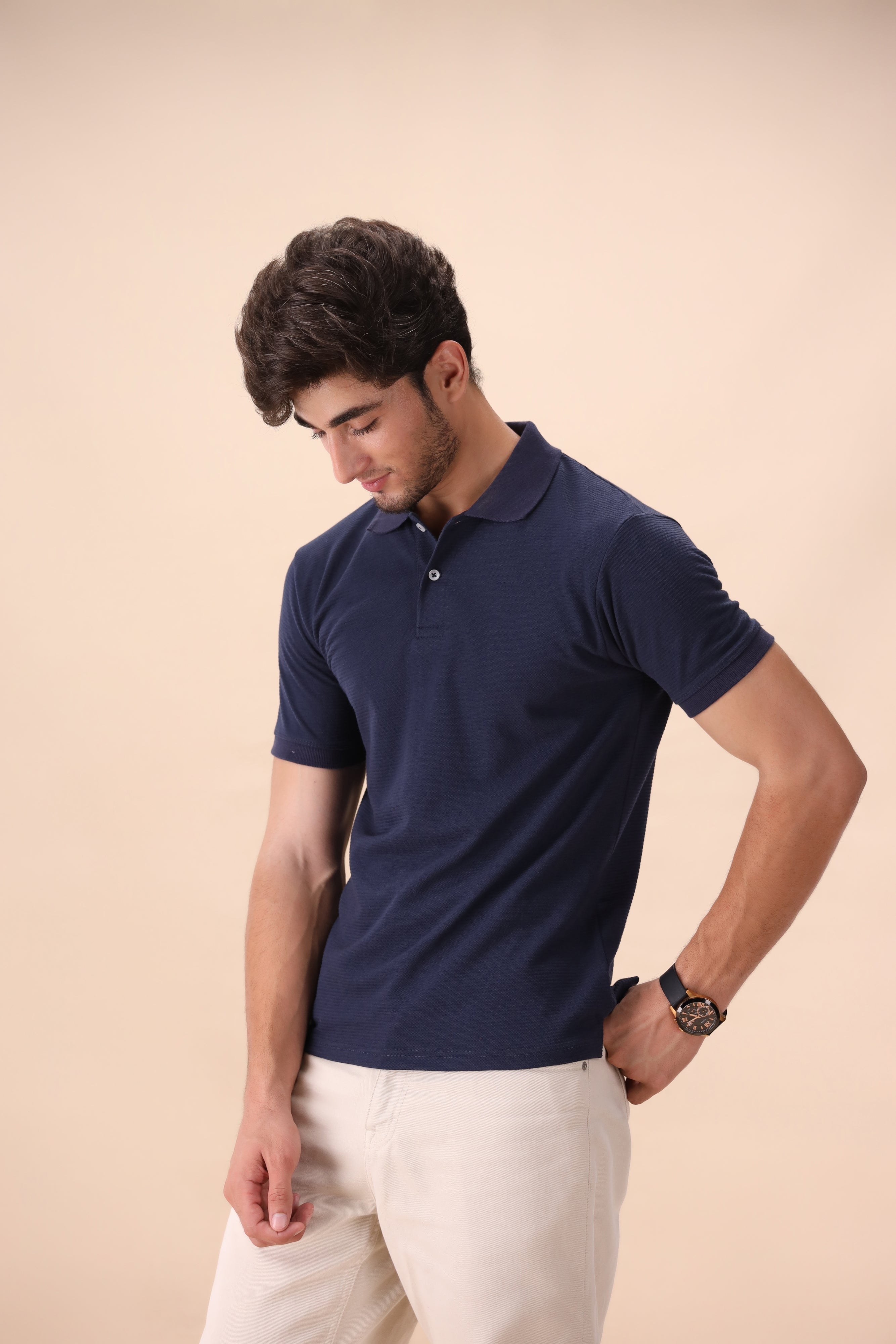 Navy Blue Textured Polo