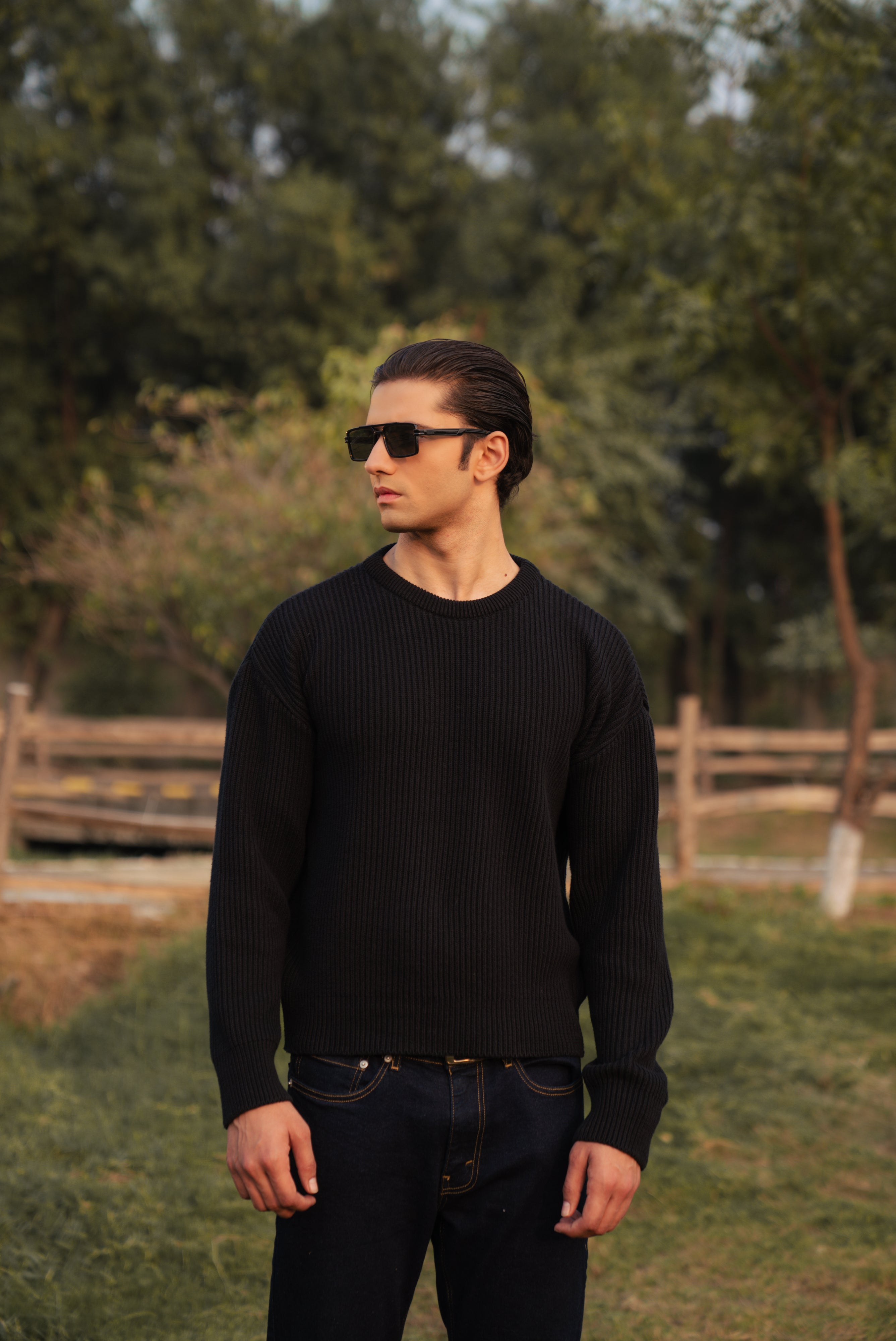 Black Cropped Textured Knit Sweater