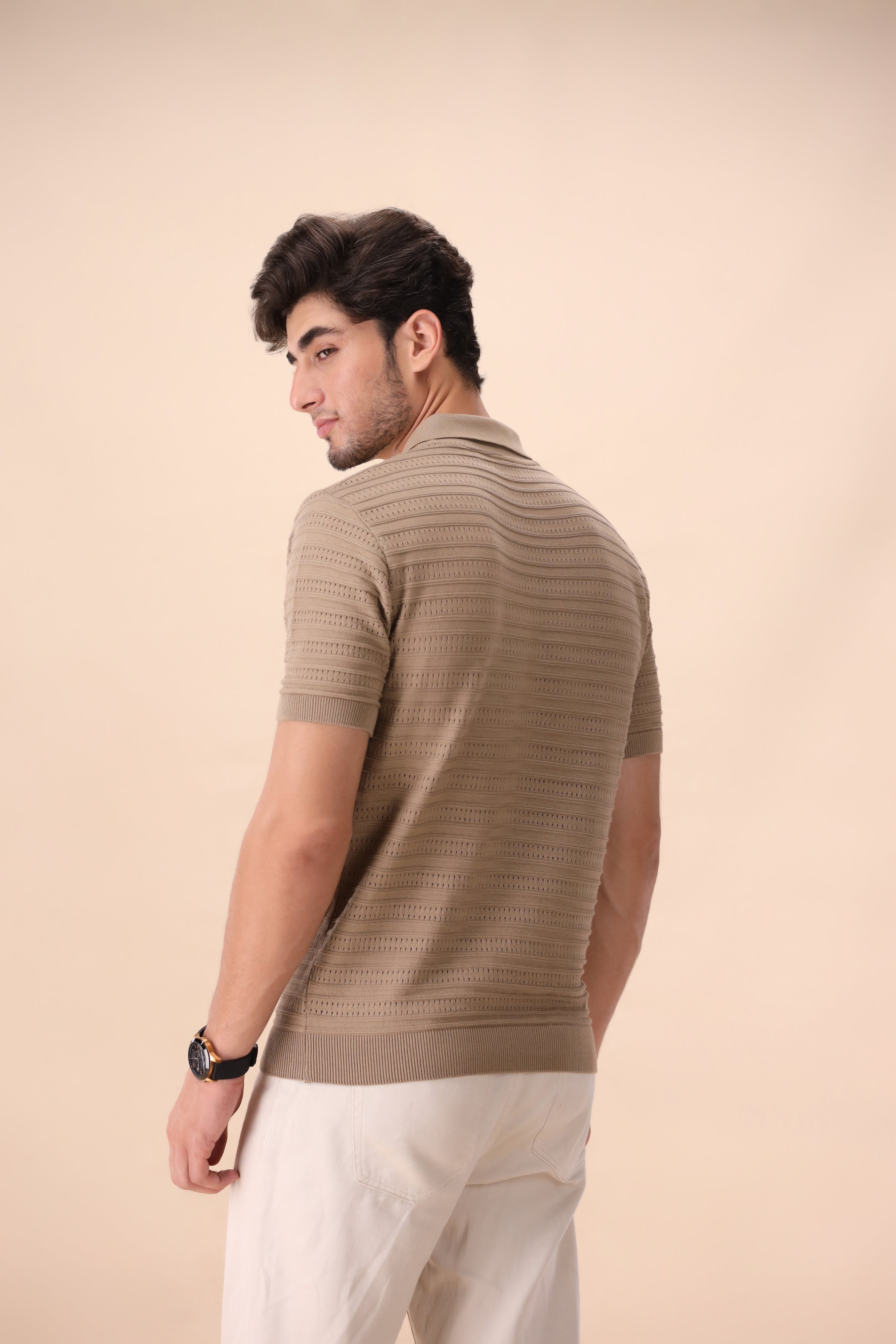 Beige Textured Zipper Polo