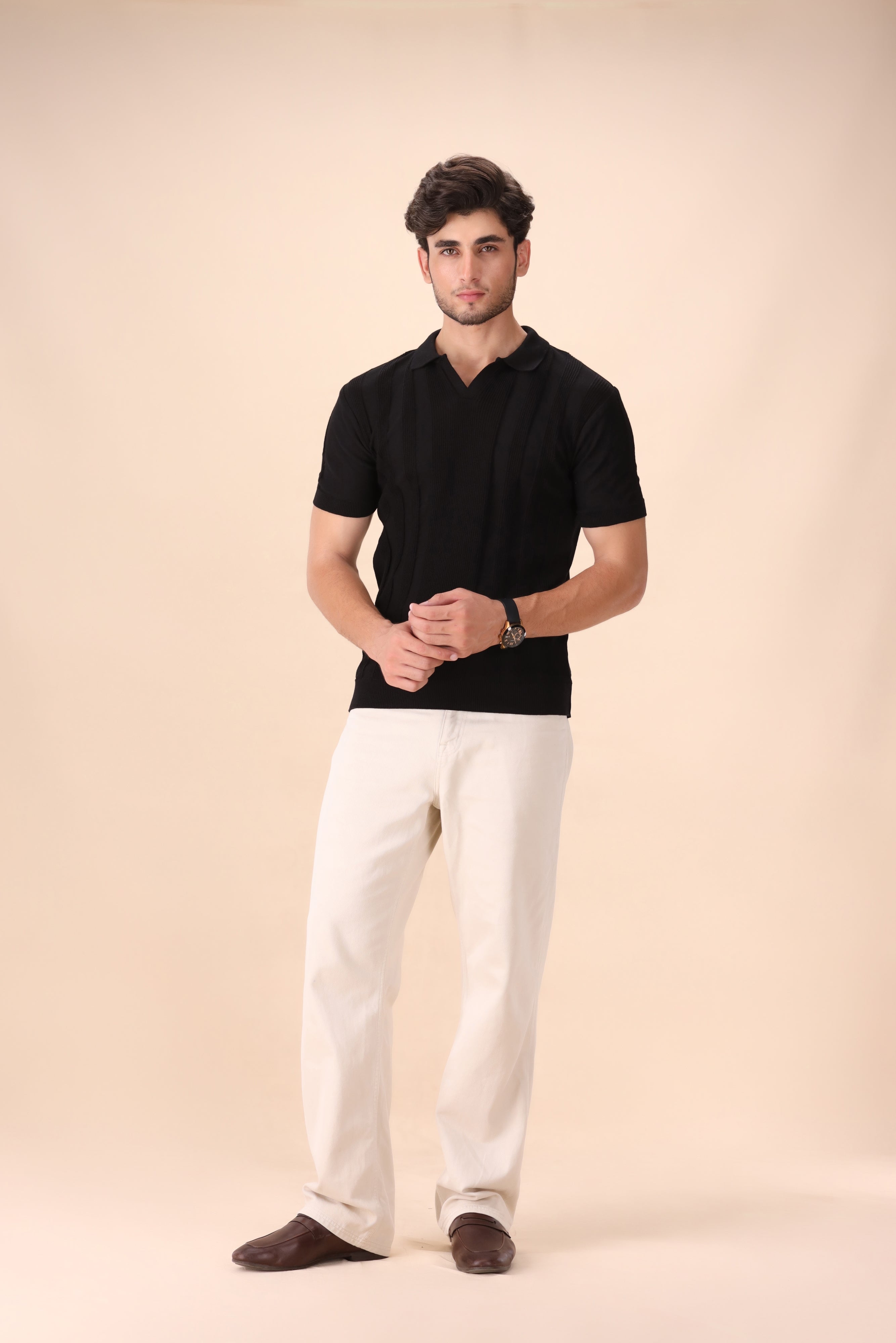 Black Structured Knit Polo