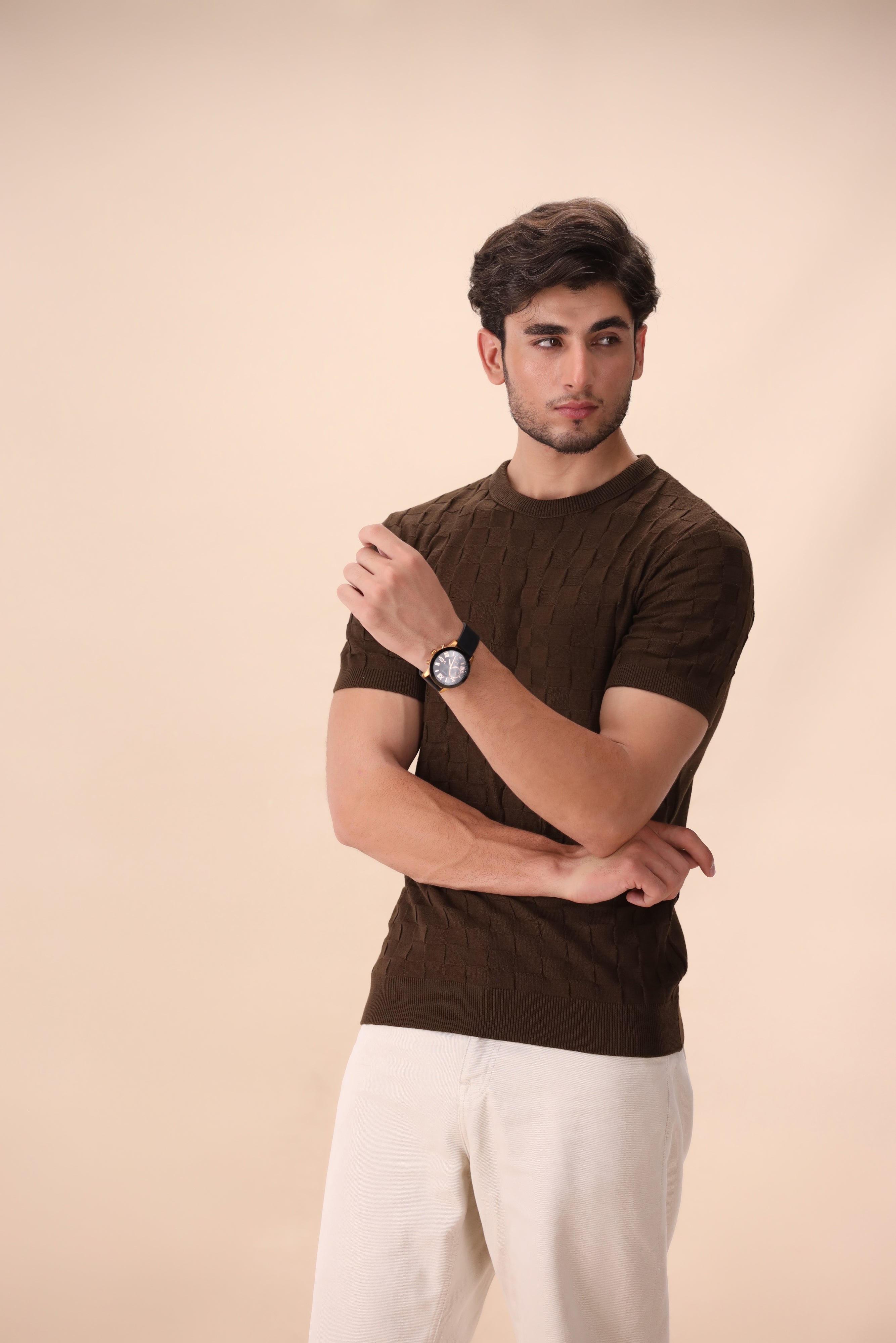 Brown Geometric Knit T-Shirt