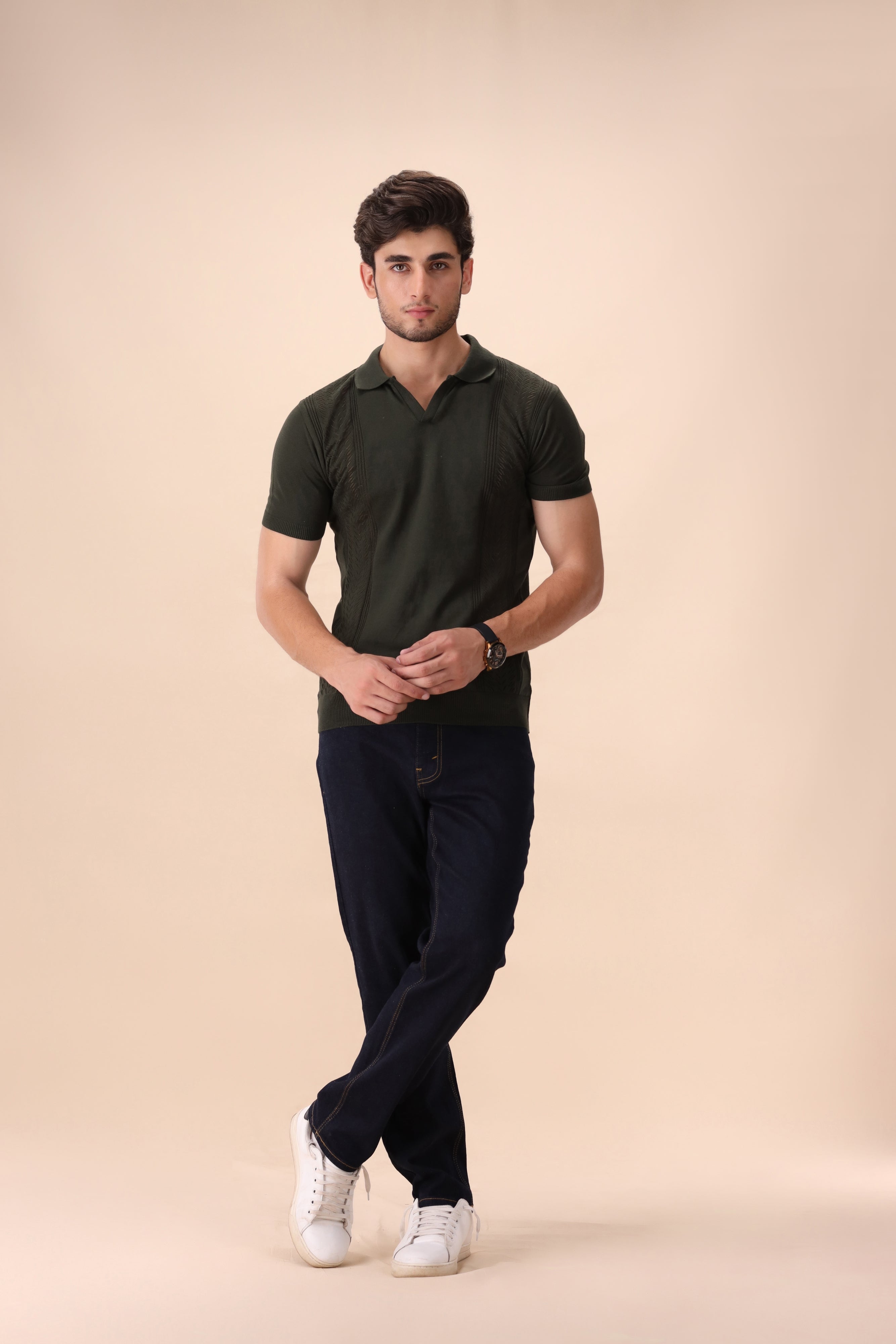 Olive Green Crochet Knit Polo