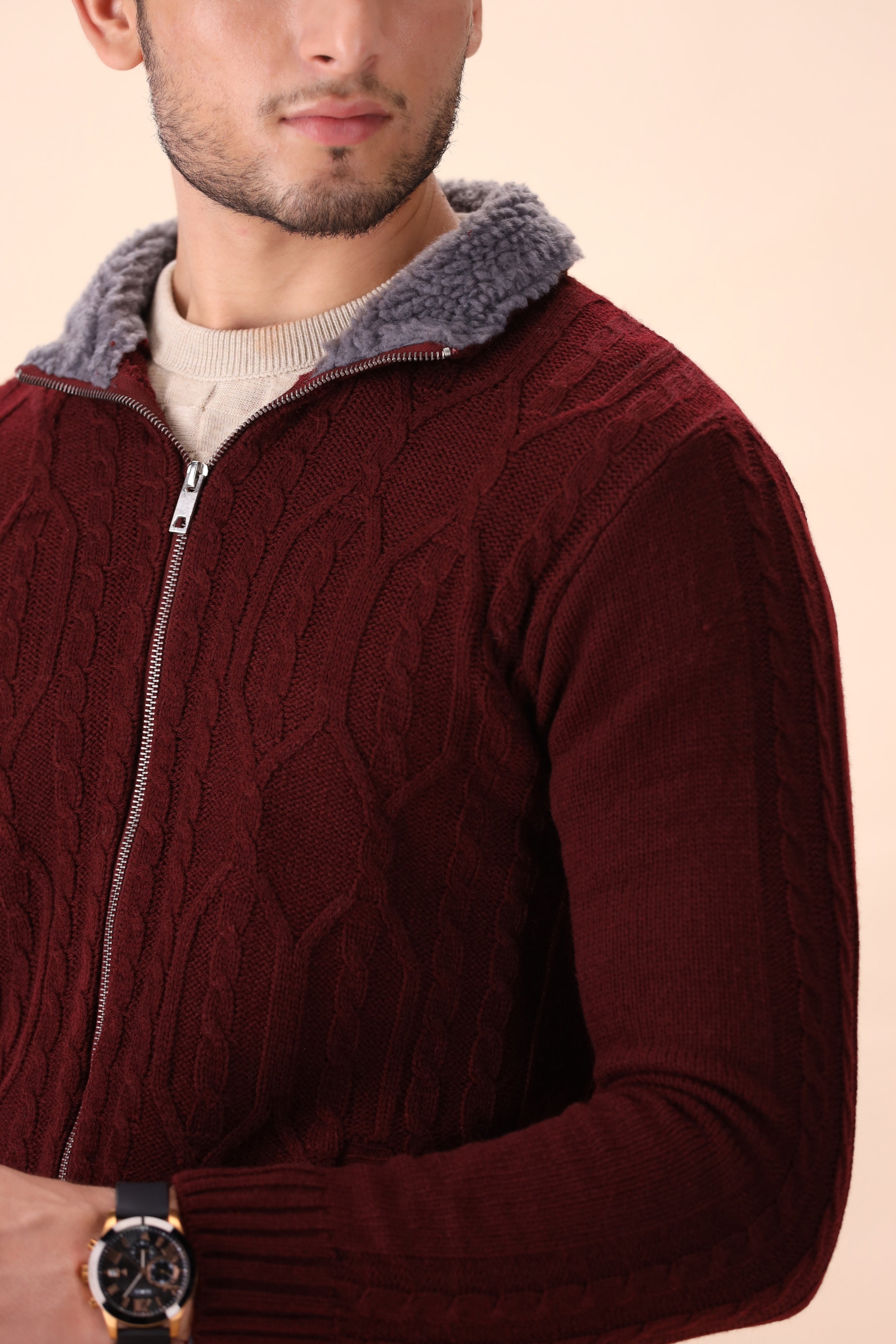 Burgundy Cable Knit Zipper