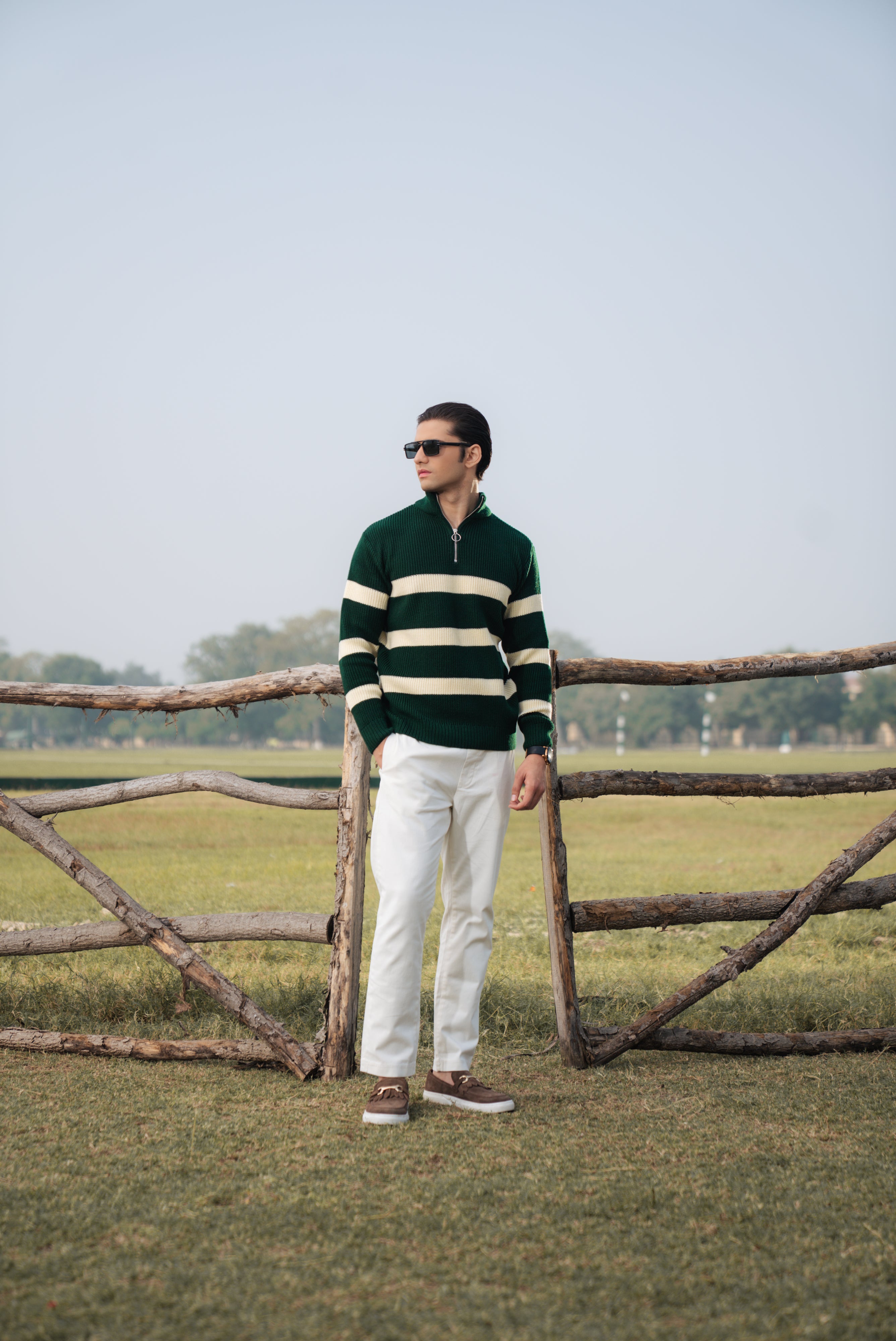Green Stripe Textured Zipper Sweater