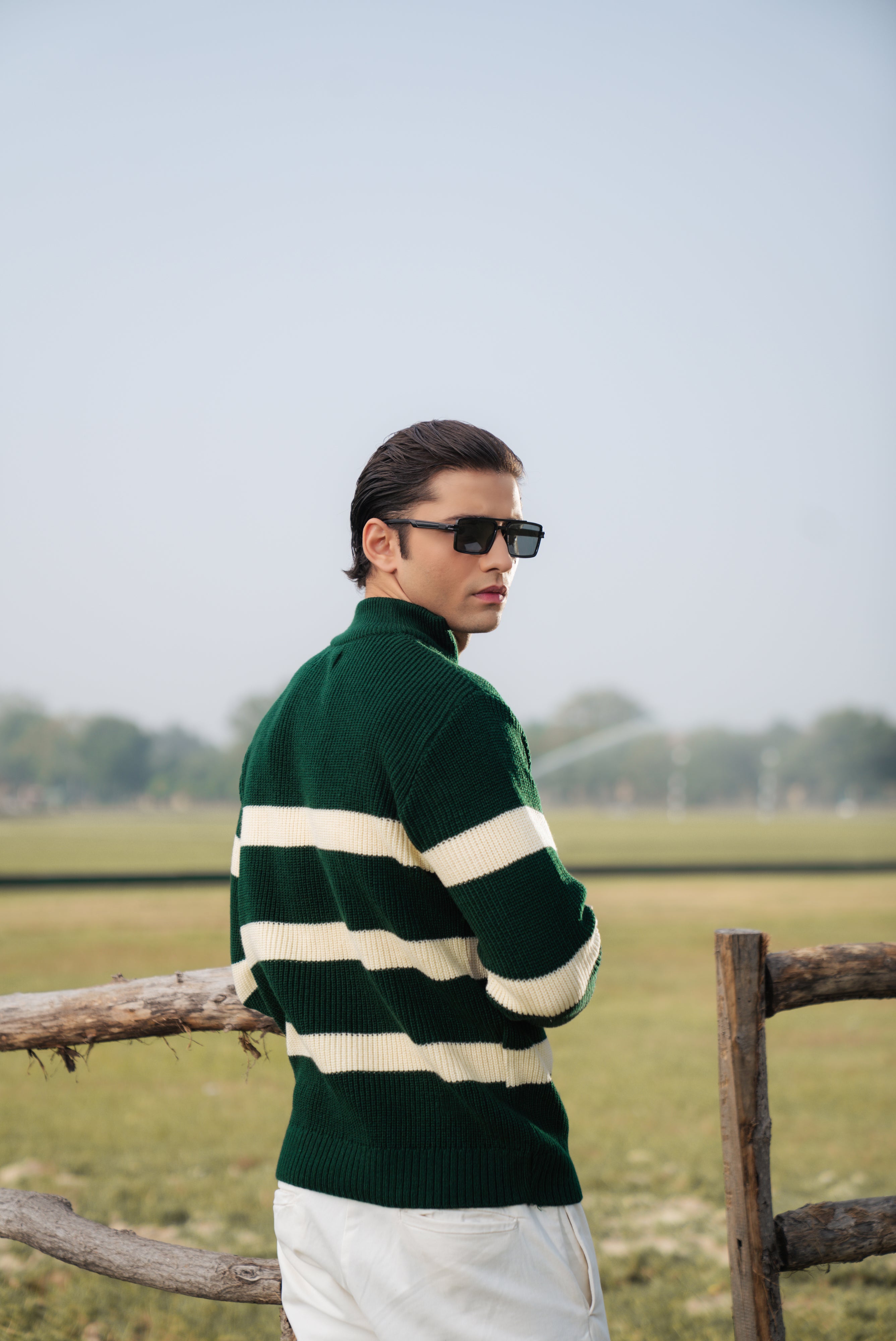 Green Stripe Textured Zipper Sweater