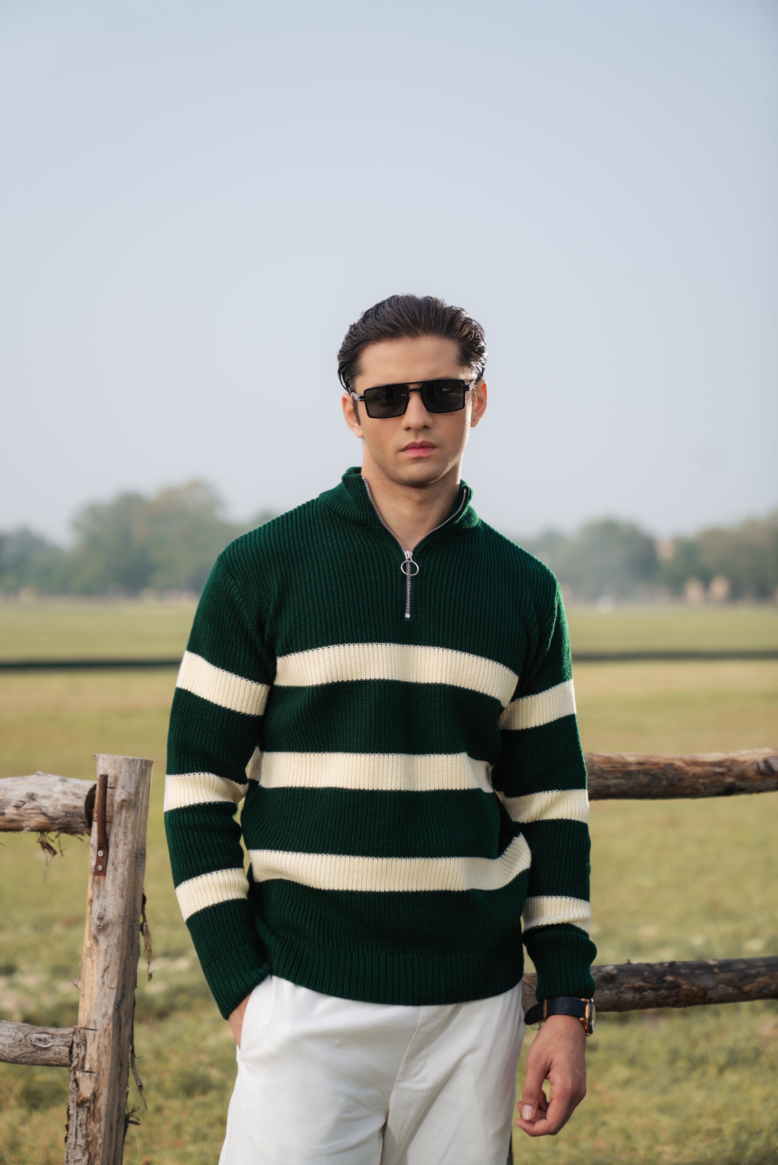 Green Stripe Textured Zipper Sweater