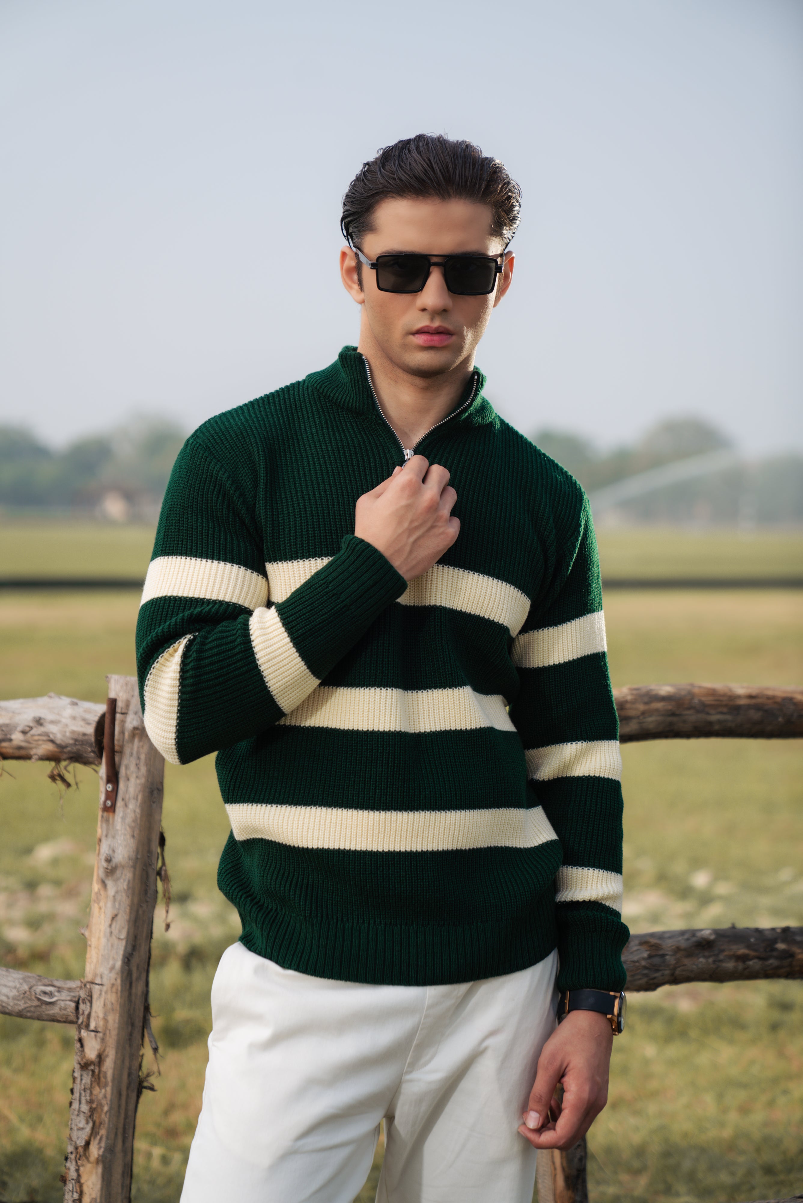 Green Stripe Textured Zipper Sweater