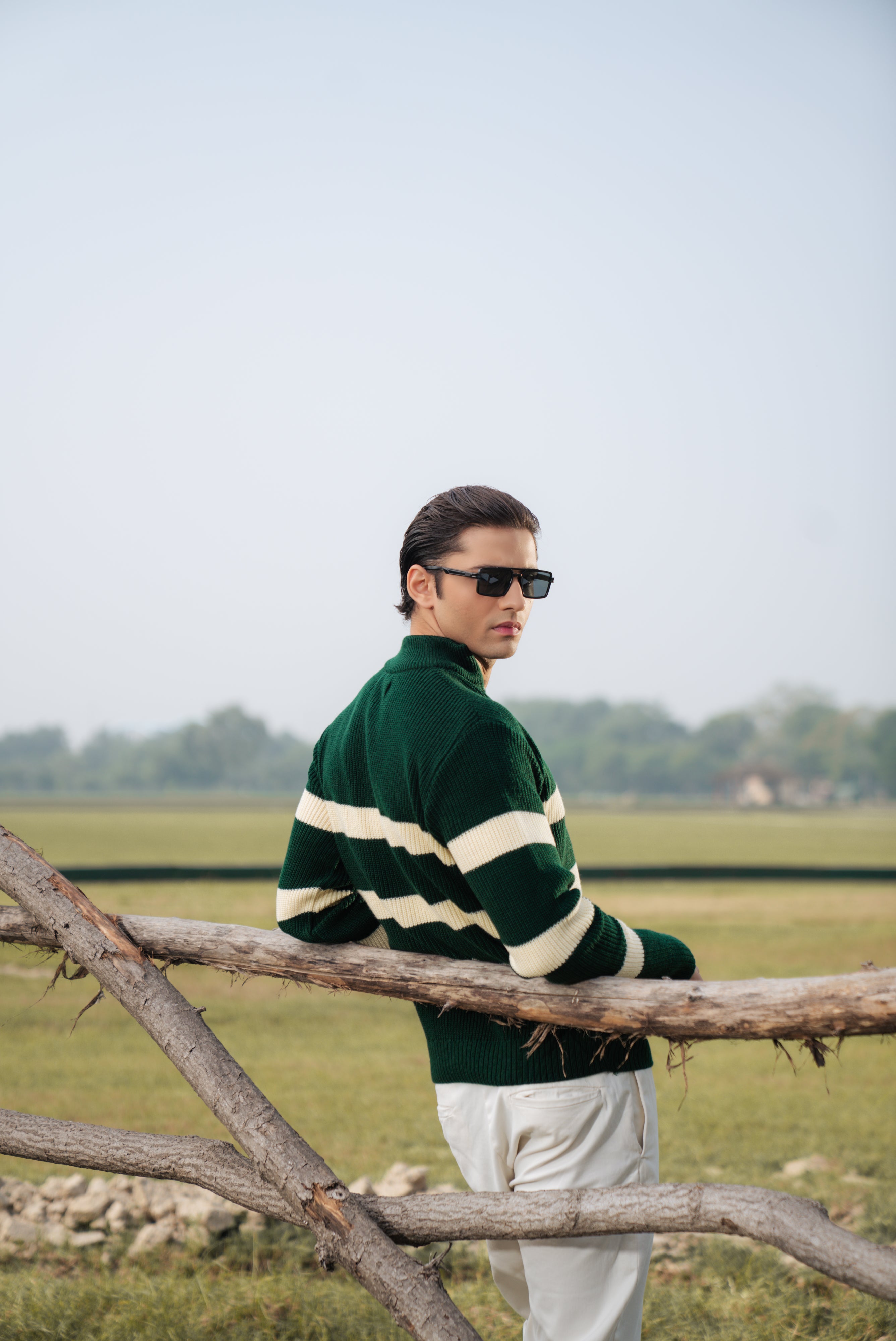 Green Stripe Textured Zipper Sweater