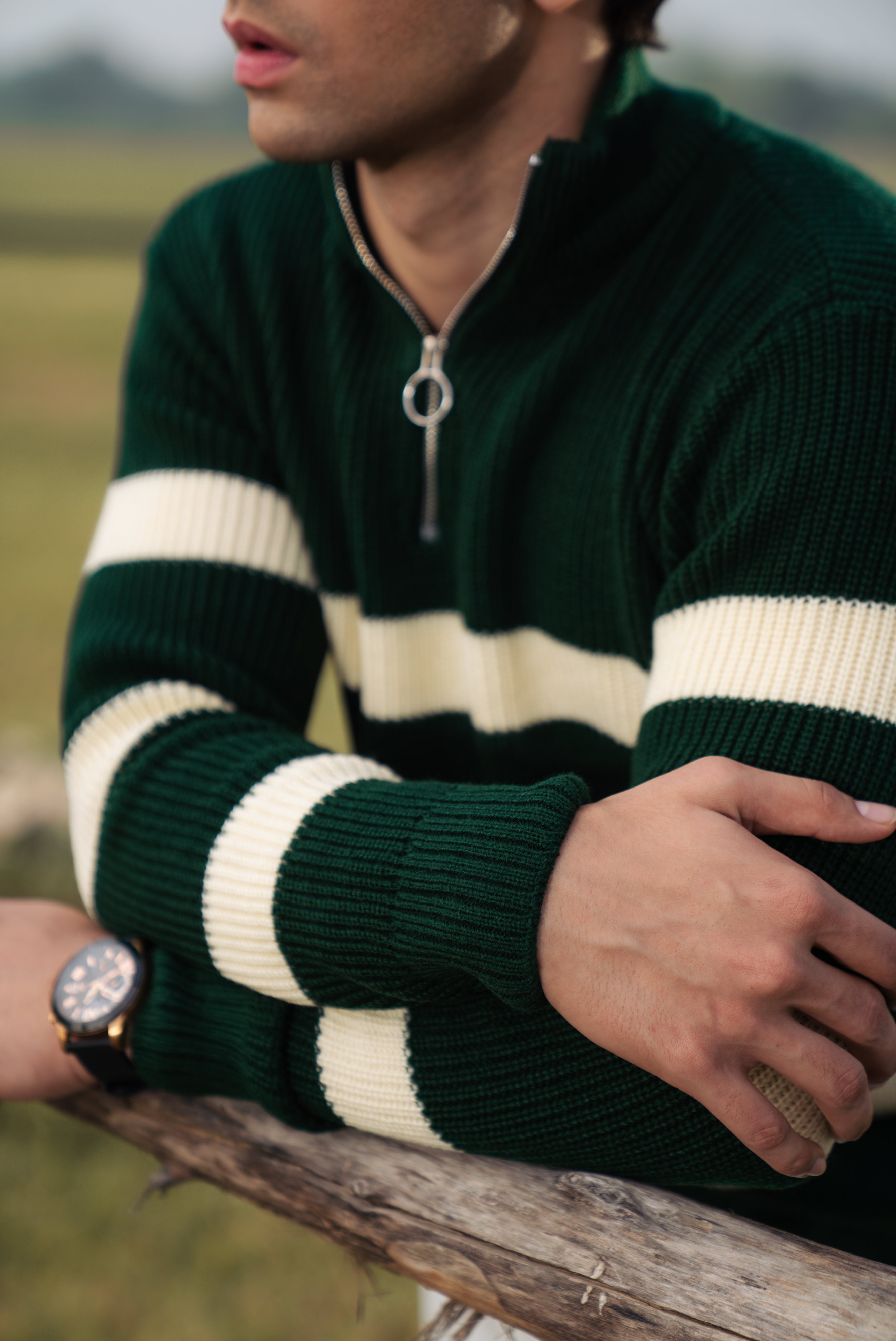 Green Stripe Textured Zipper Sweater