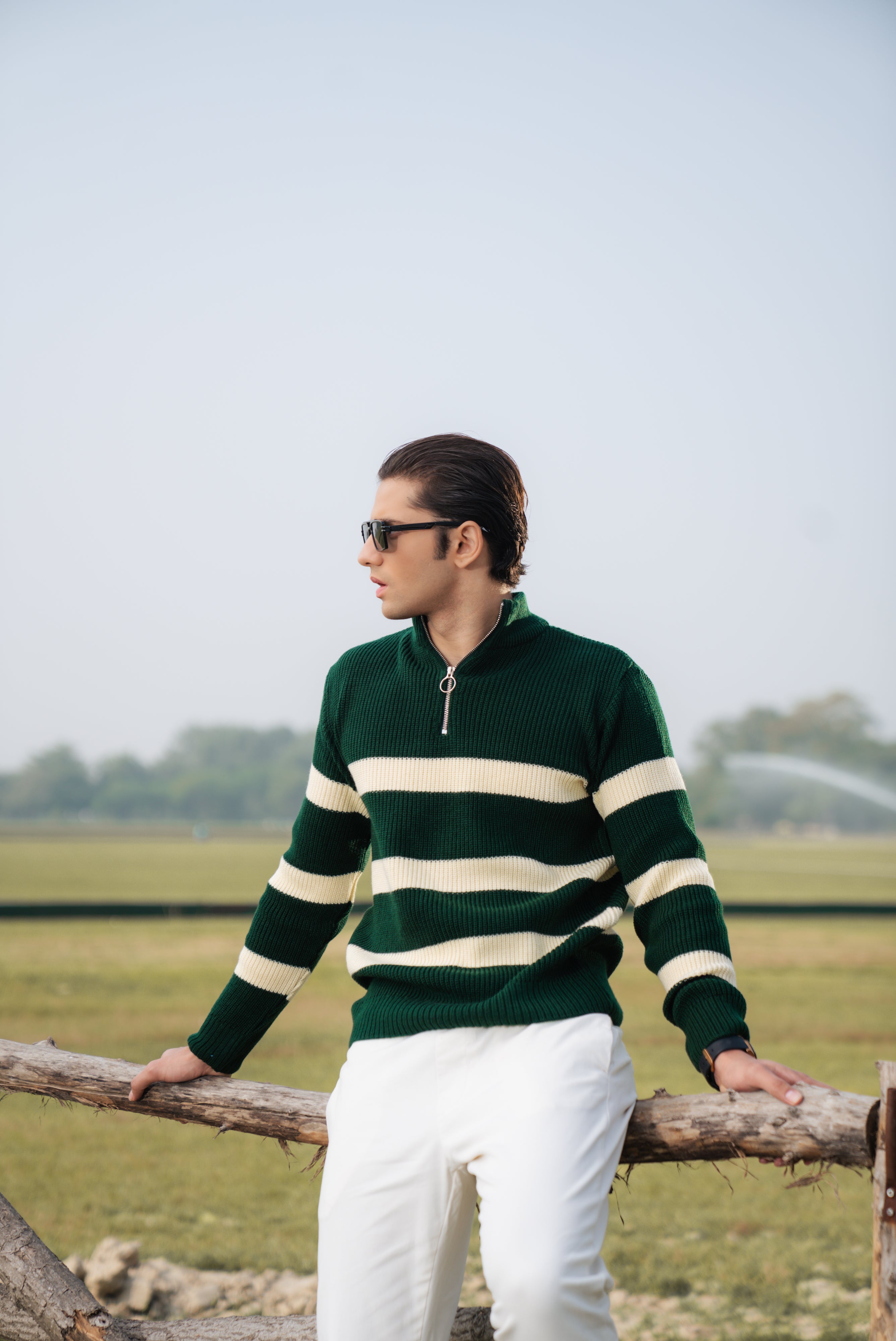 Green Stripe Textured Zipper Sweater