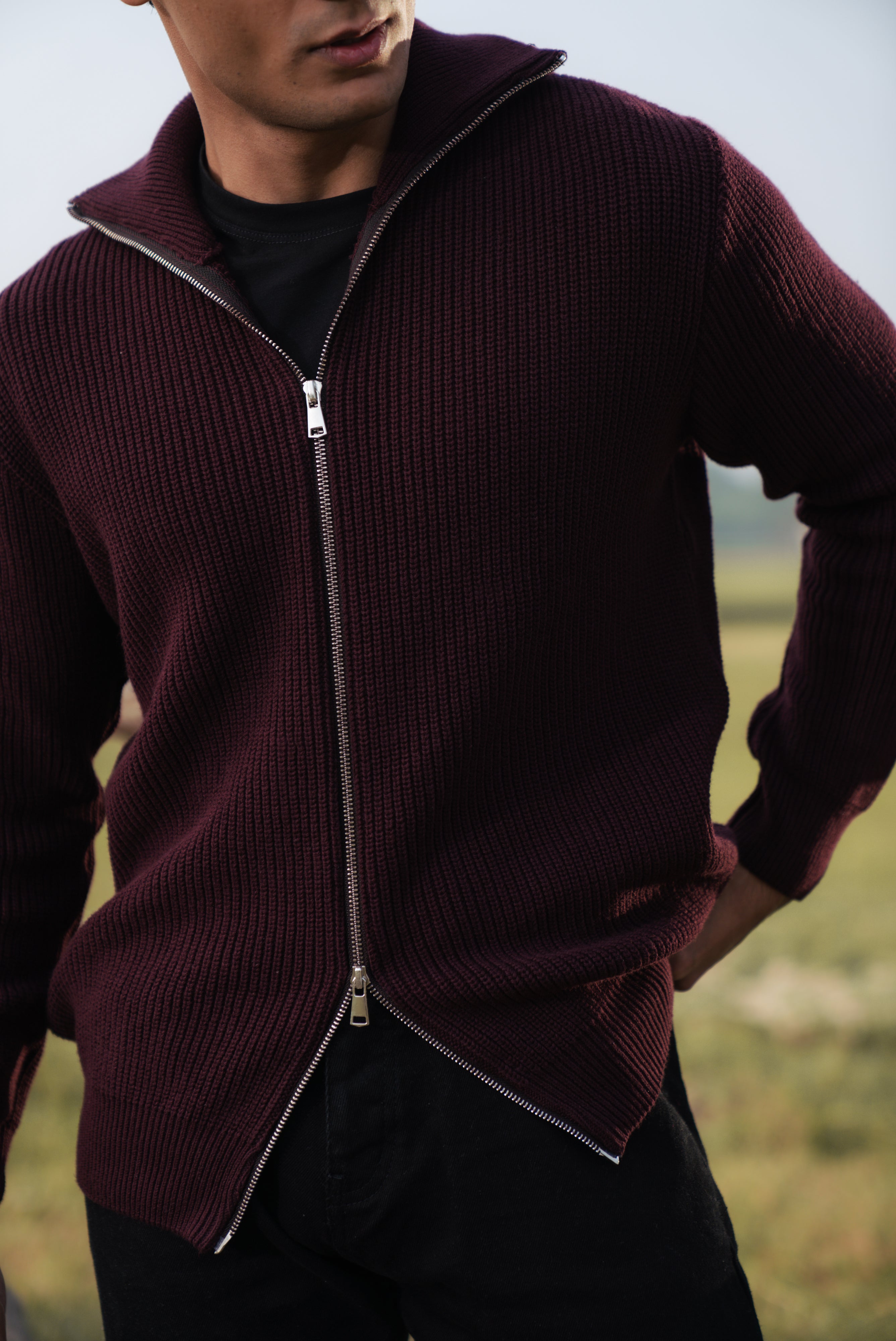 Wine Double Zip Sweater