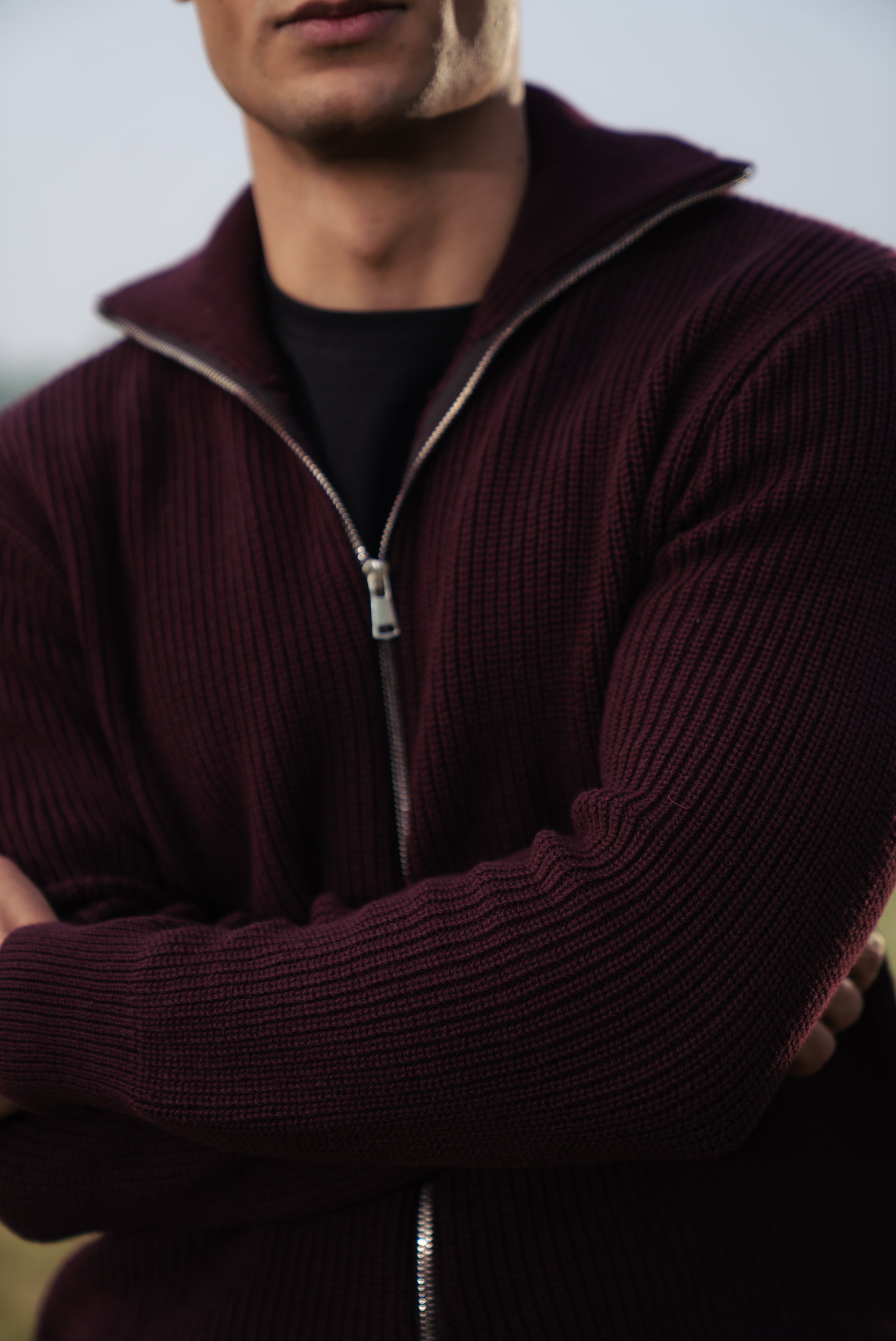 Wine Double Zip Sweater