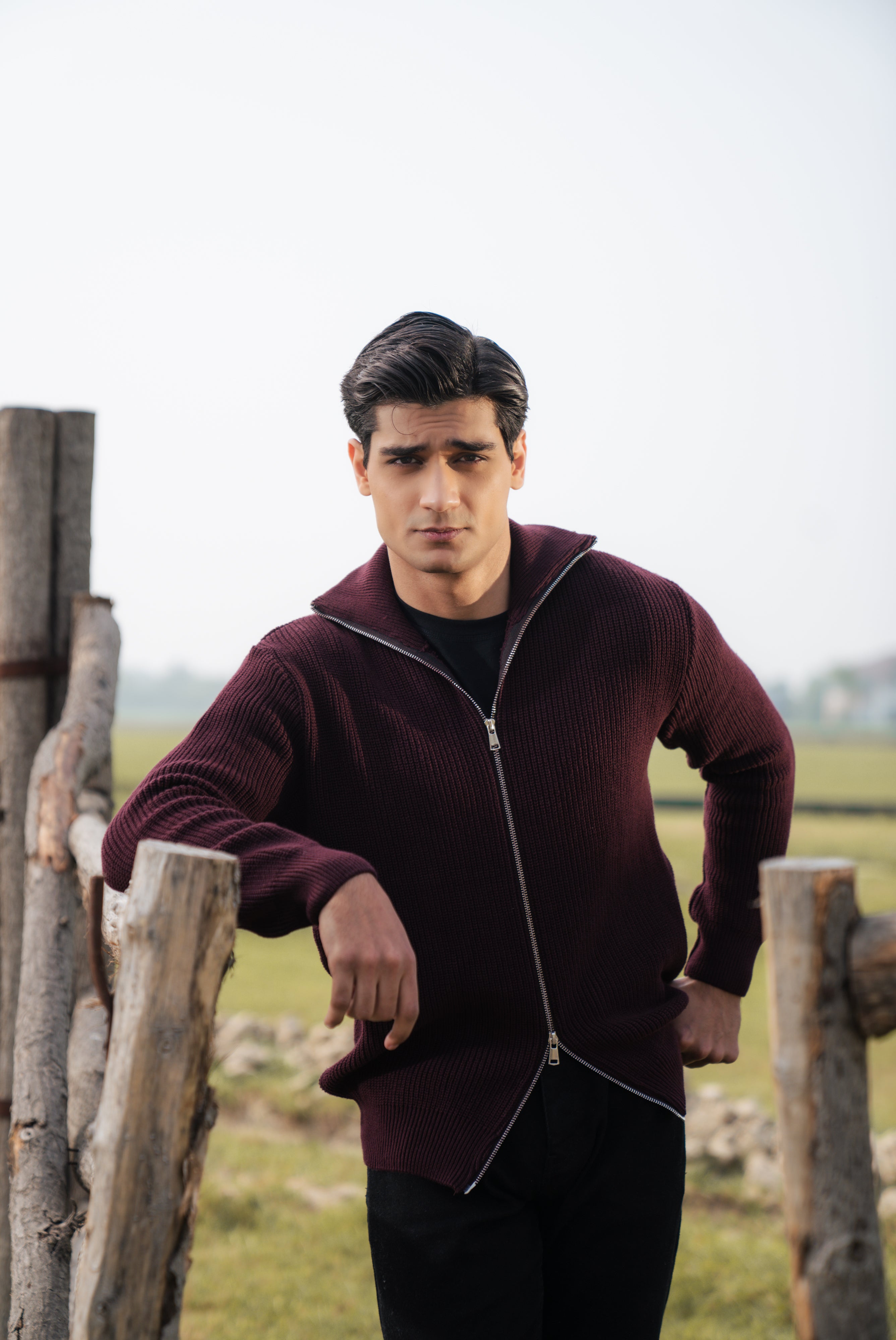 Wine Double Zip Sweater