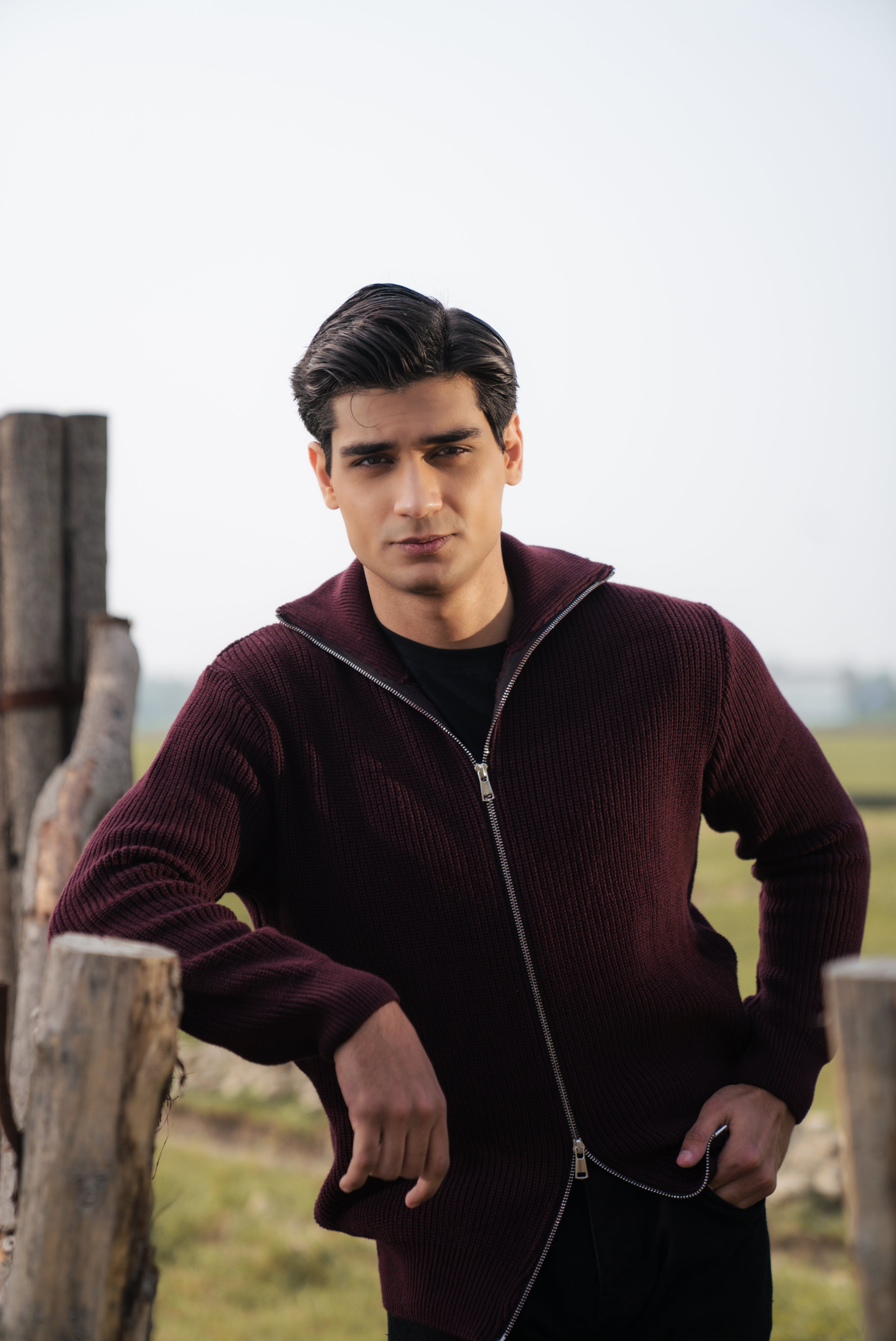 Wine Double Zip Sweater