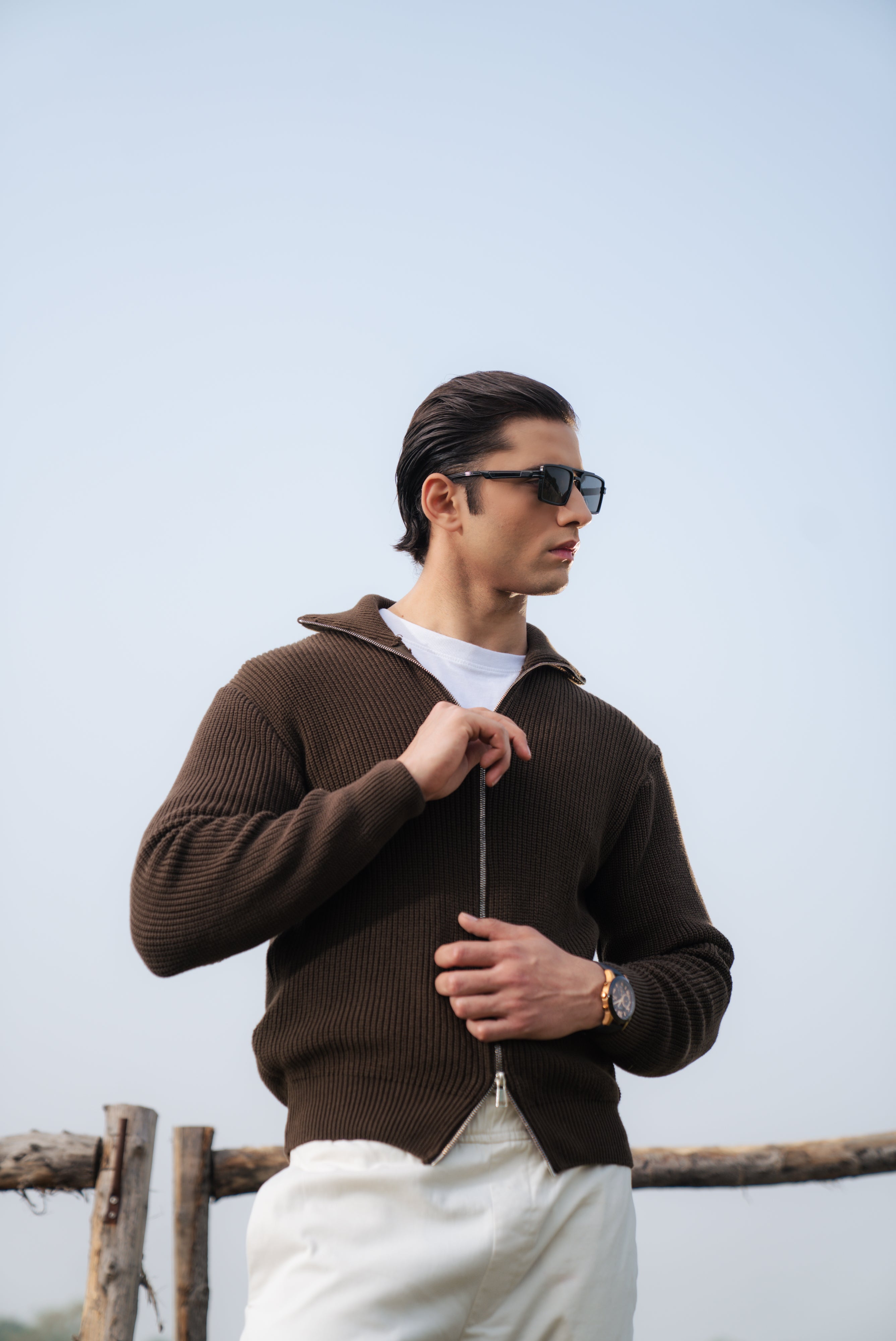 Chocolate Brown Double Zip Sweater