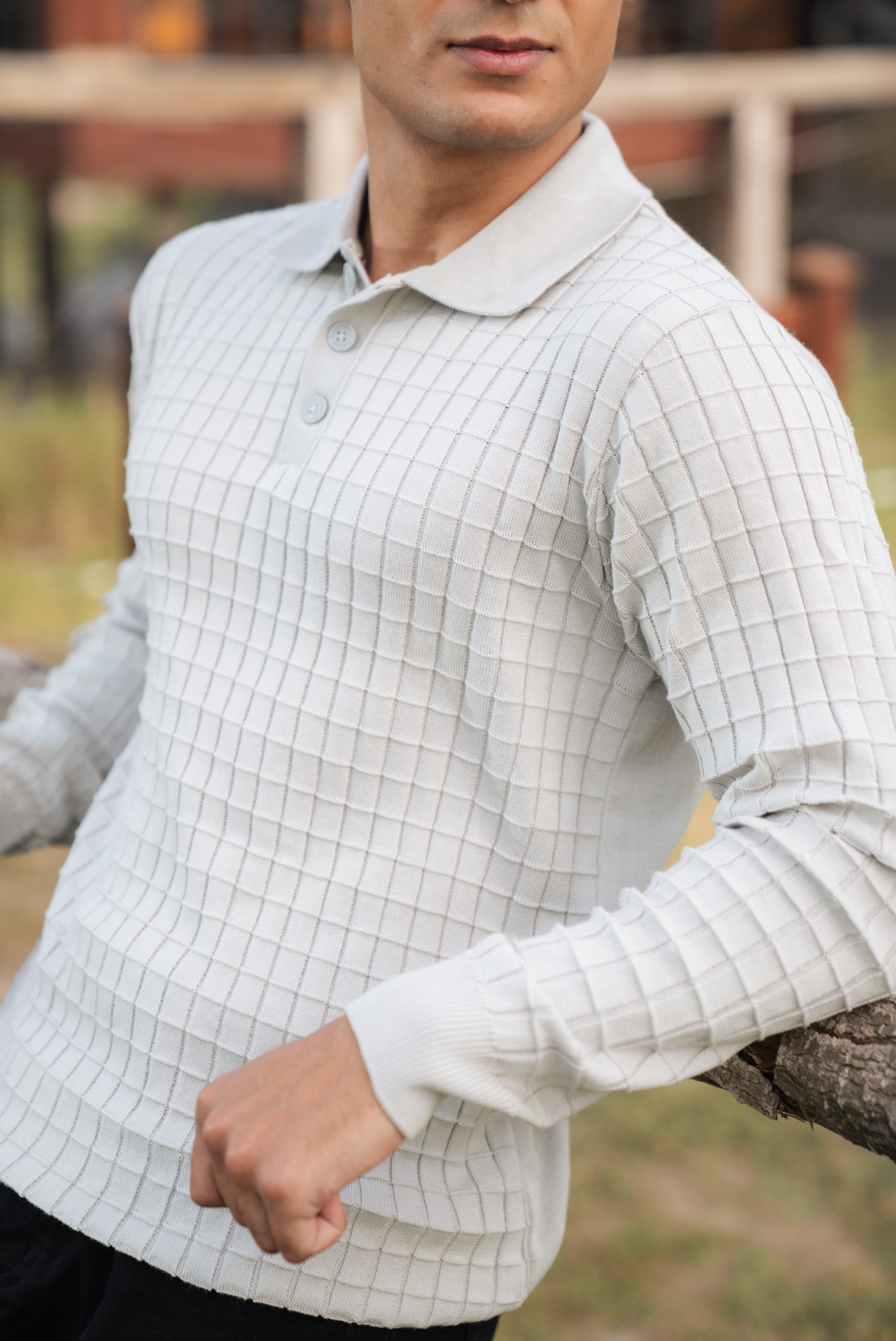 Gray Fine Knit Textured Polo