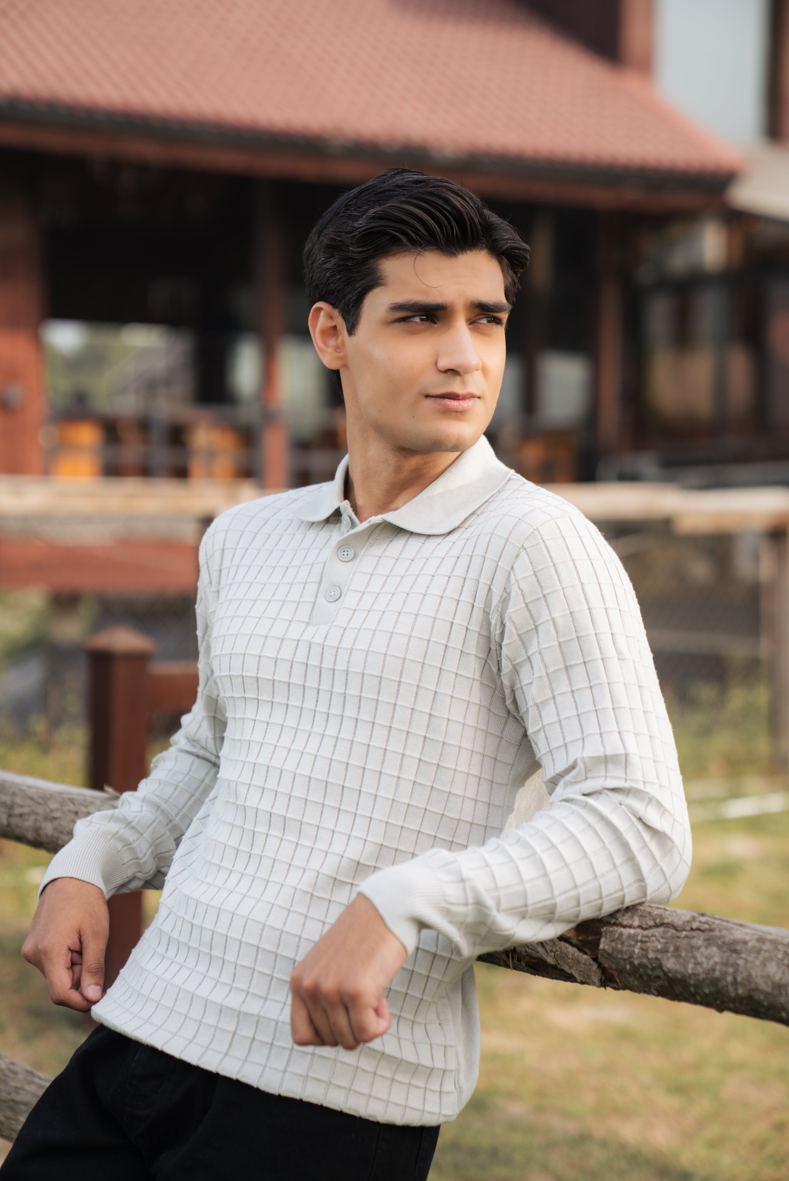 Gray Fine Knit Textured Polo