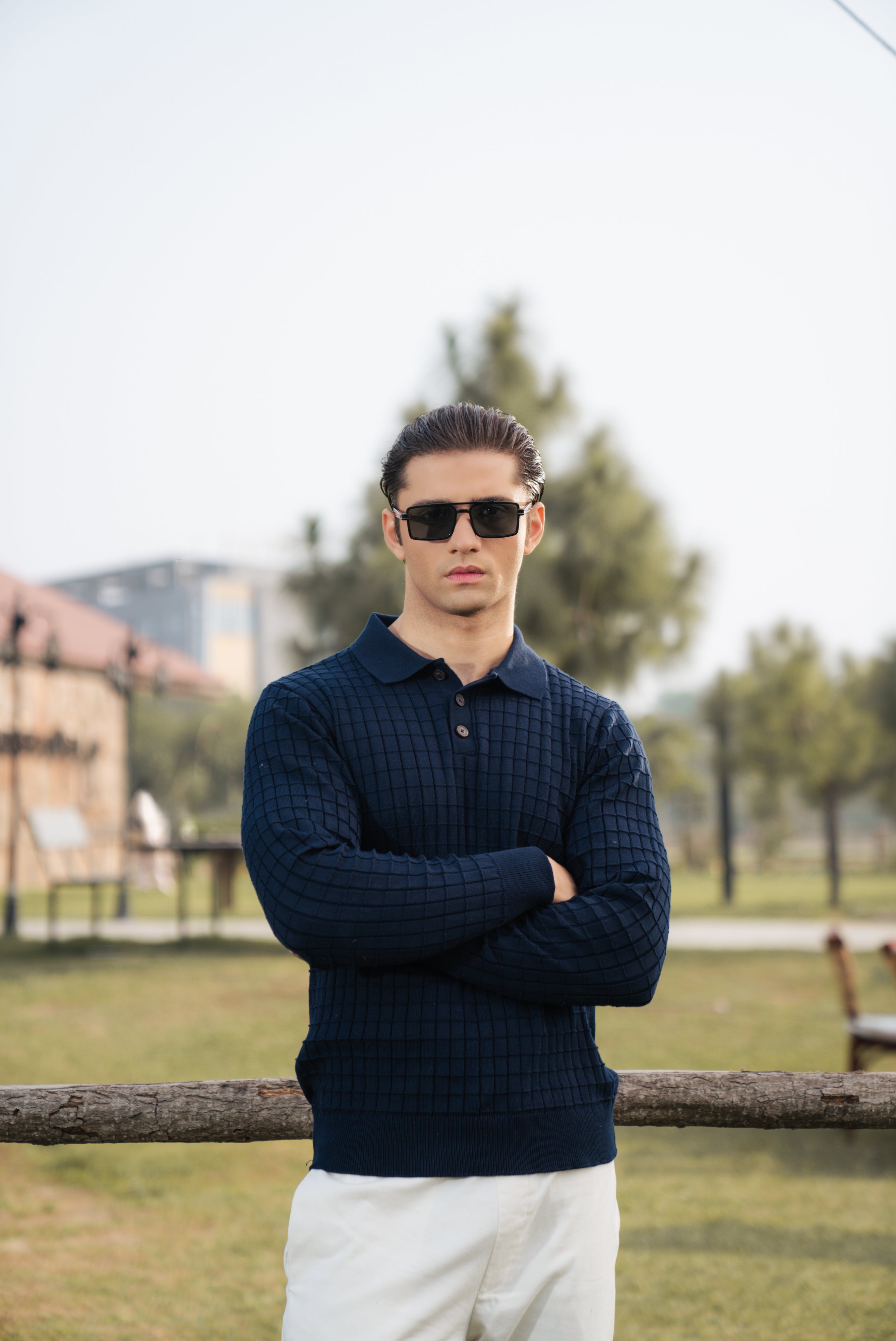 Navy Fine Knit Textured Polo