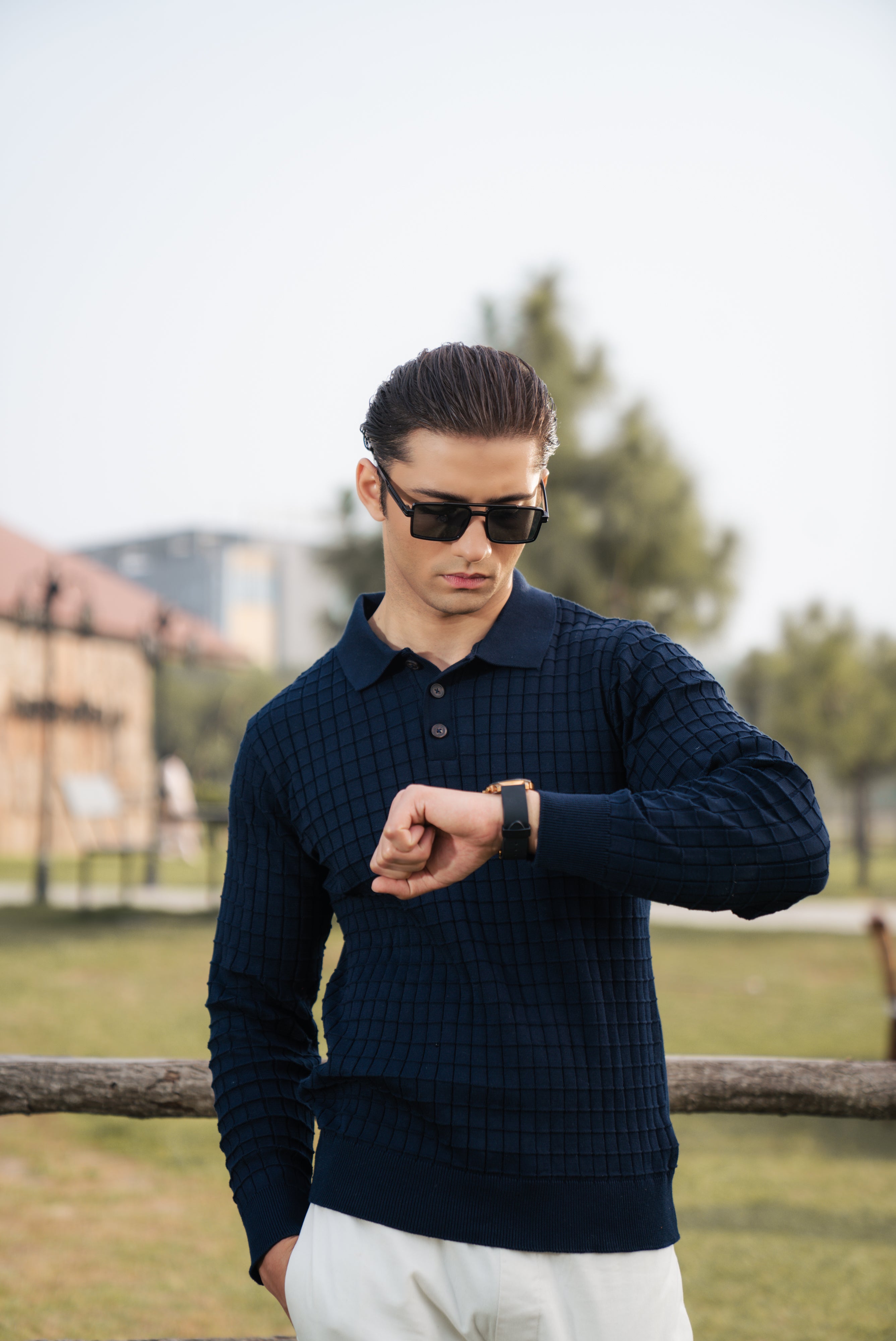 Navy Fine Knit Textured Polo