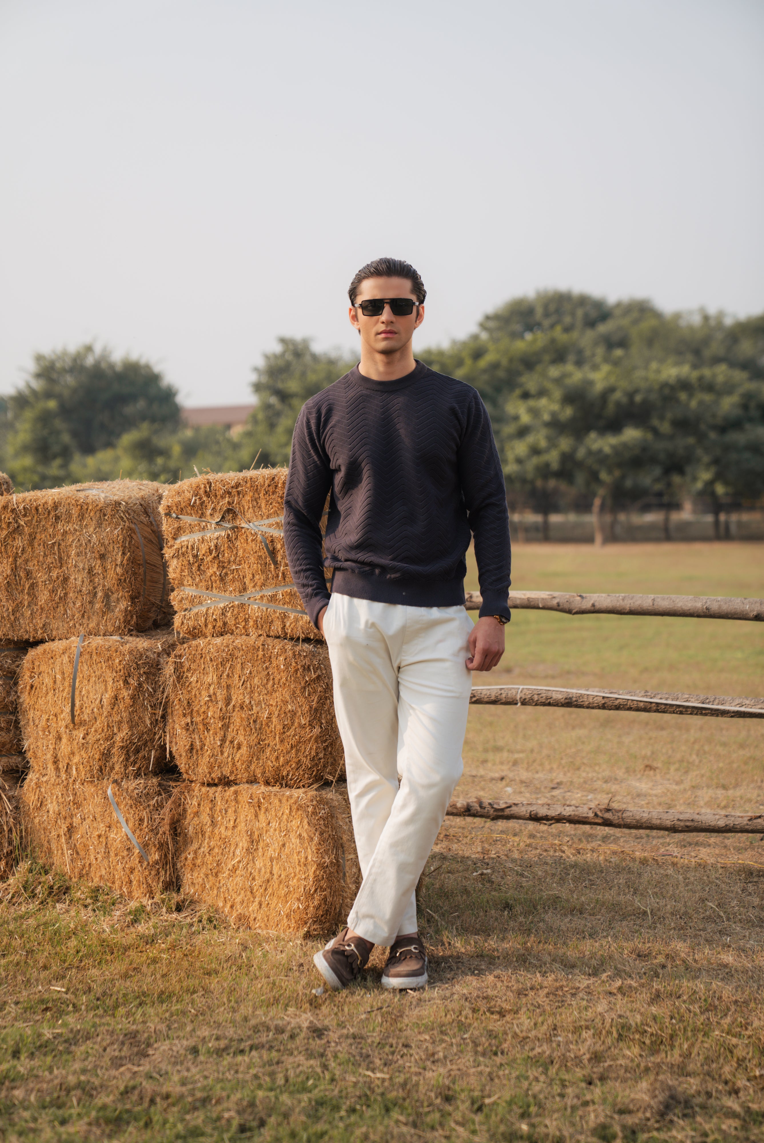 Charcoal Fine Knit Textured Crew Neck