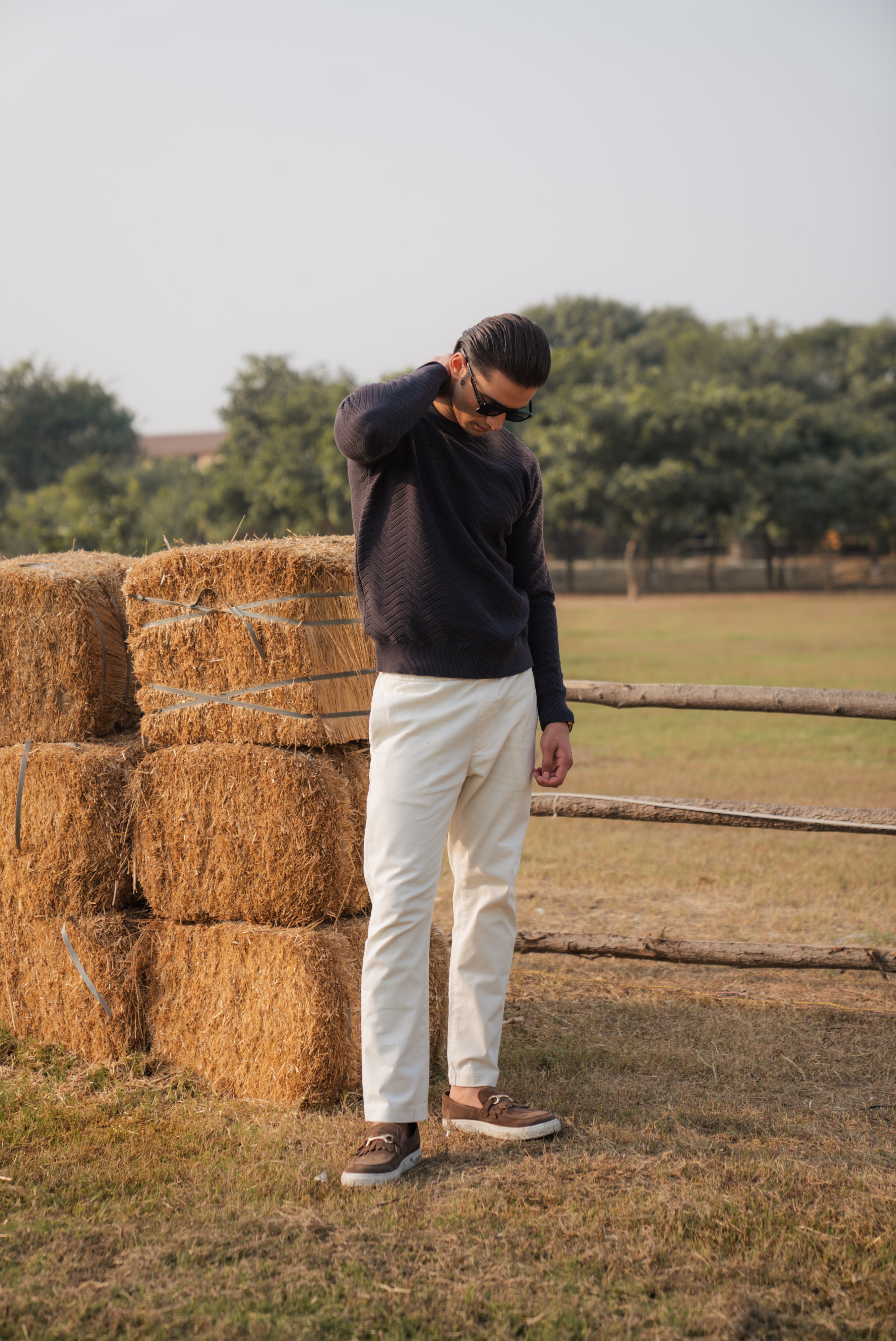 Charcoal Fine Knit Textured Crew Neck