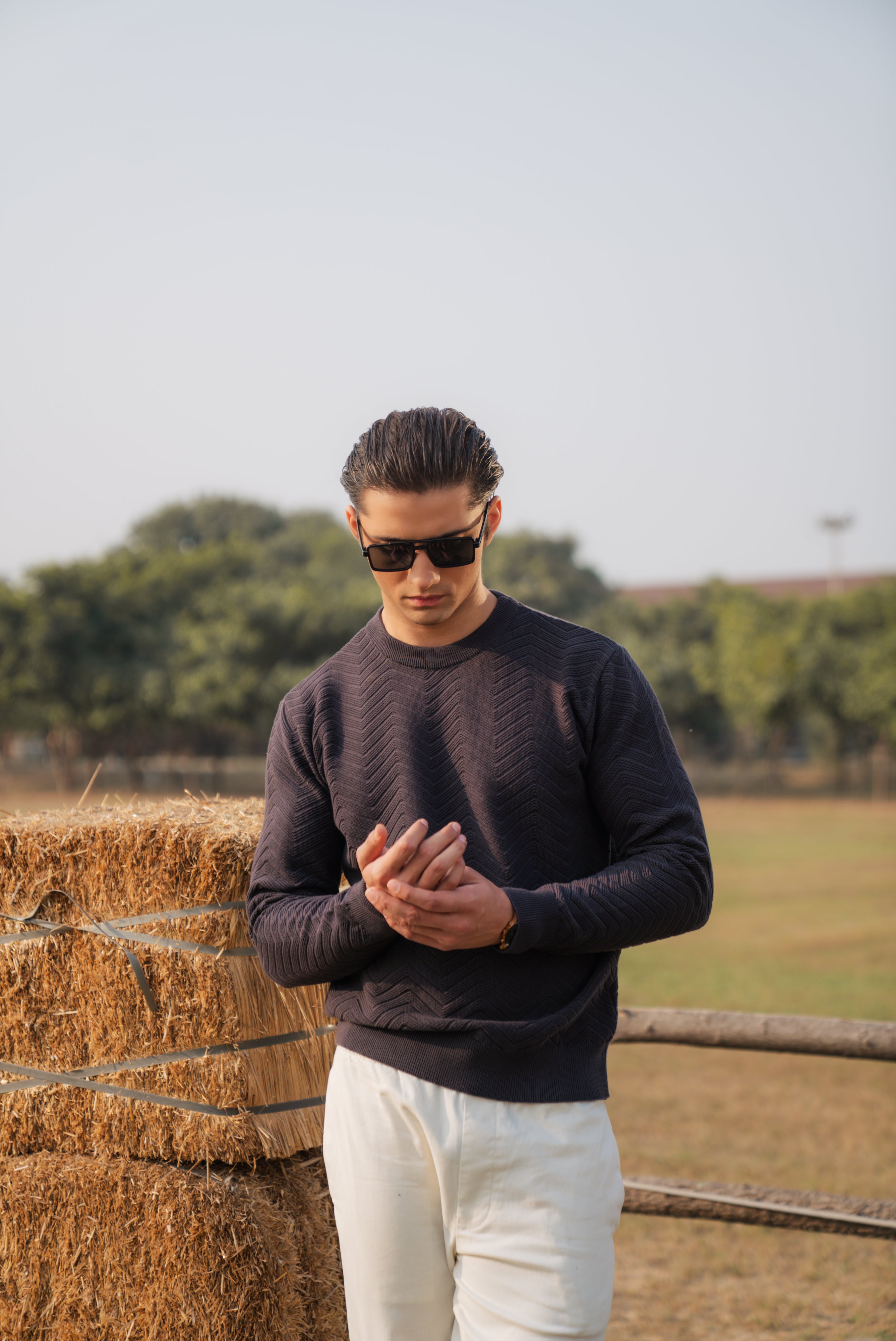 Charcoal Fine Knit Textured Crew Neck