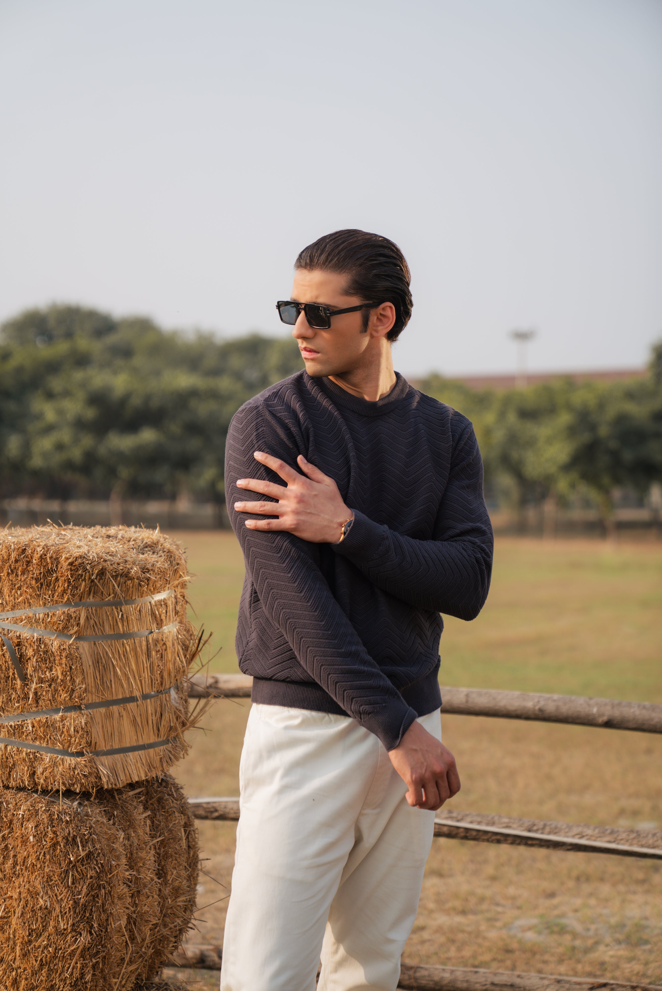 Charcoal Fine Knit Textured Crew Neck